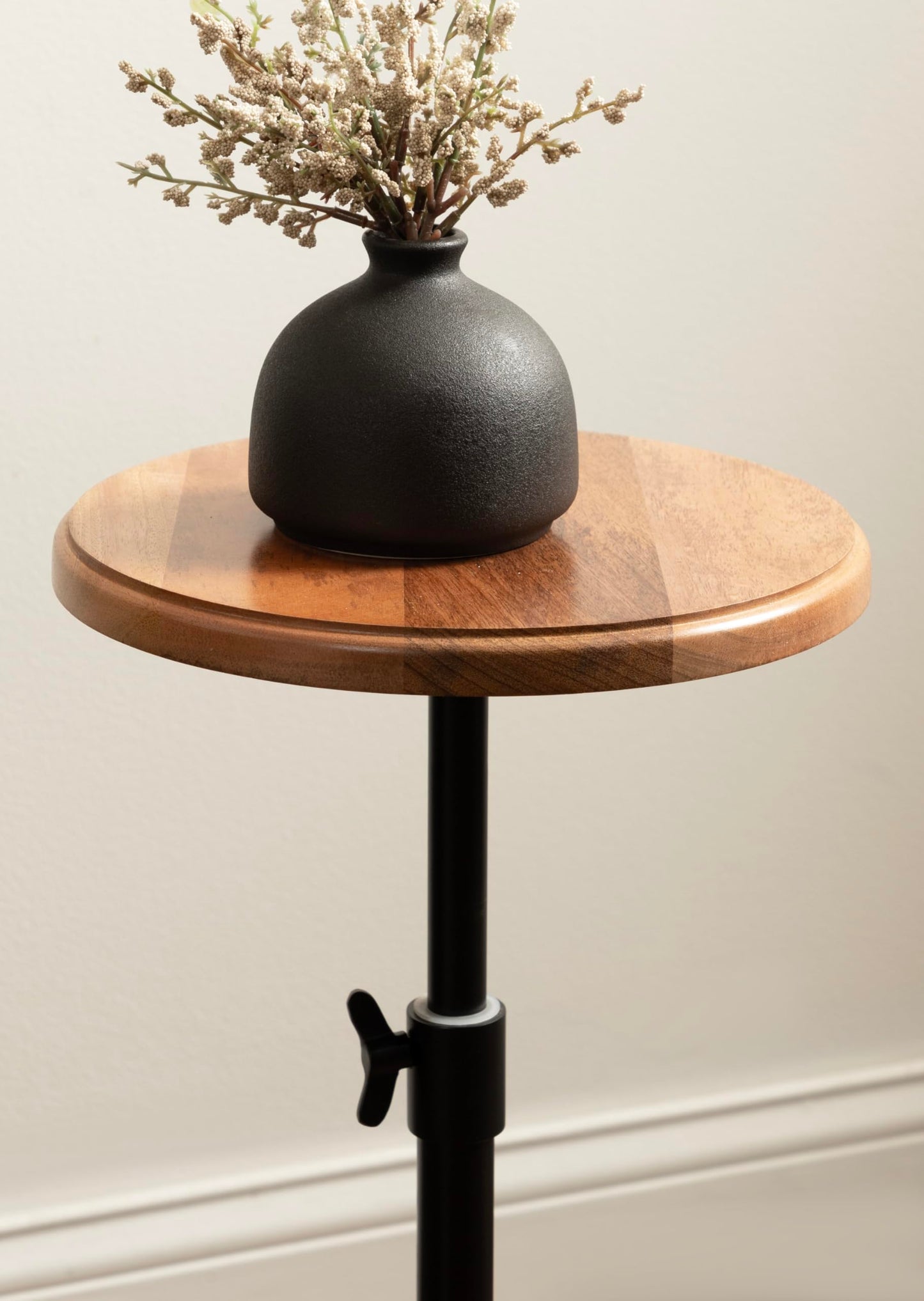 Kate and Laurel Engles Modern Adjustable-Height Pedestal Drink Table, 10 x 10 x 30, Natural Wood and Black, Transitional Round Indoor Metal Plant Stand with Solid Wood Tabletop