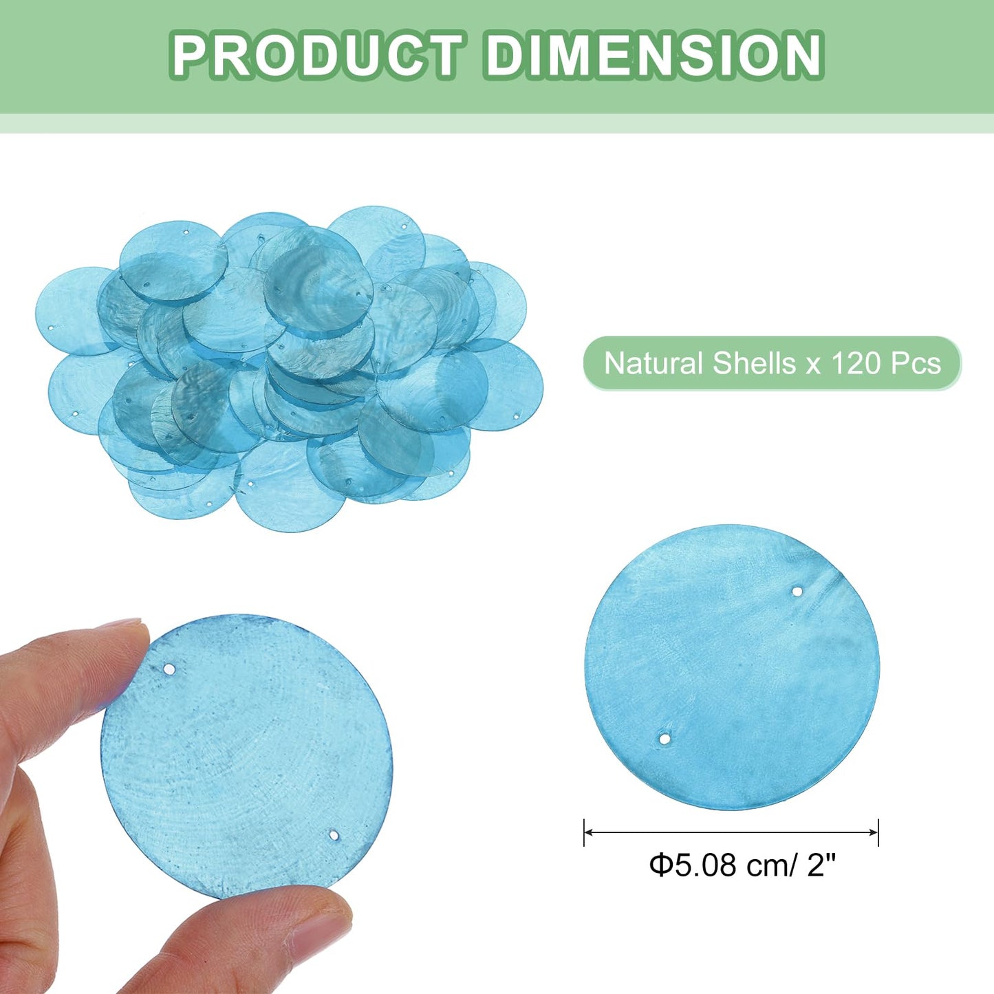 uxcell 120Pcs Capiz Shells 2" Round Natural Shells with 2 Holes for Seashell Wind Chimes Curtain Shell Garland DIY Craft Wedding Home, Light Blue