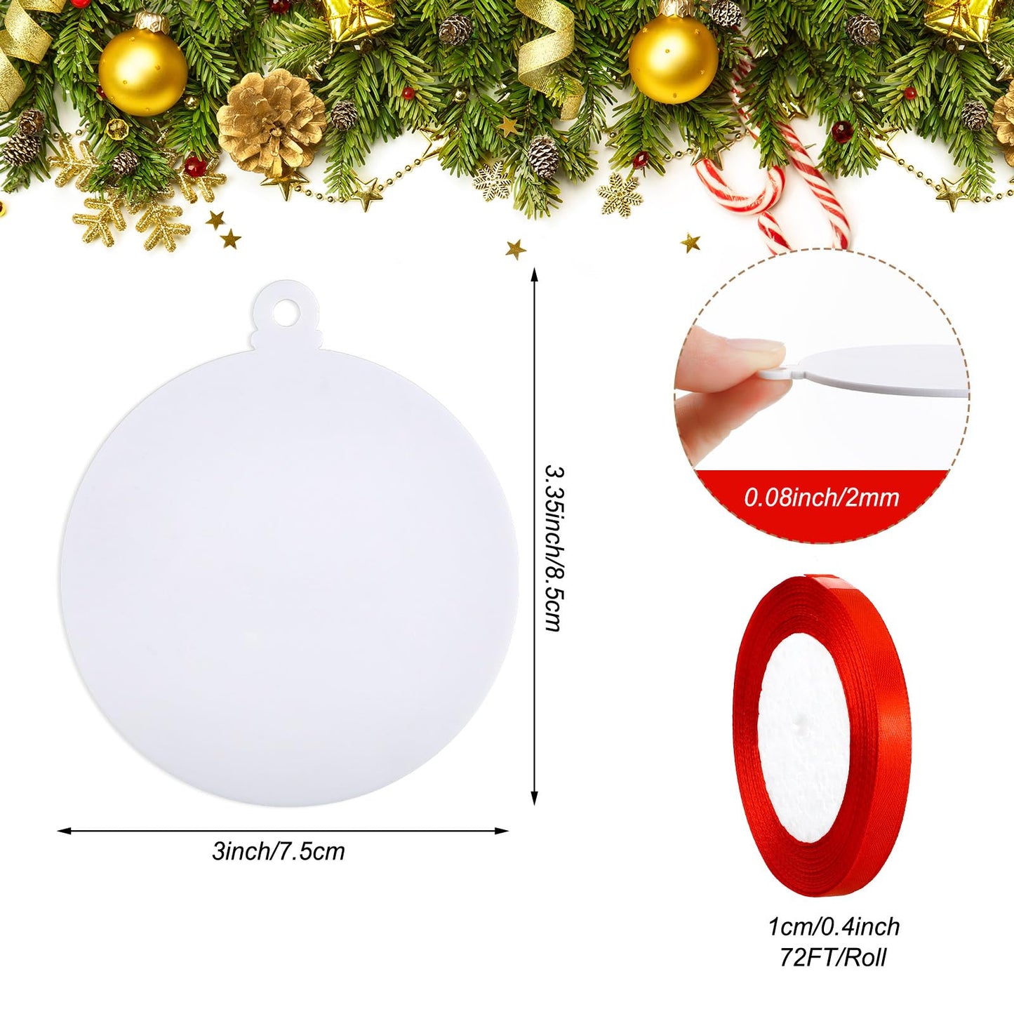 50 Pieces White Acrylic Christmas Ornaments Blanks 3.15 Inch Round Unfinished Acrylic Christmas Ornaments for DIY Crafts Projects for Tree Decoration Xmas Party Decorations