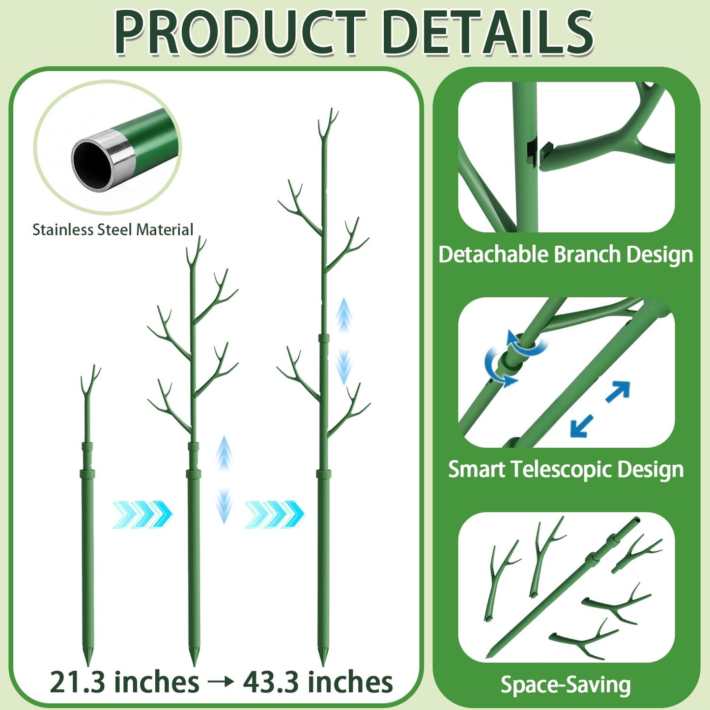 Telescoping Monstera Plant Support Stakes,17.3IN to 43.3IN Detachable Branch Plant Sticks Support Tall for Indoor Outdoor Climbing Plants,Adjustable Length Plant Accessories for Potted Plant-2 Pack