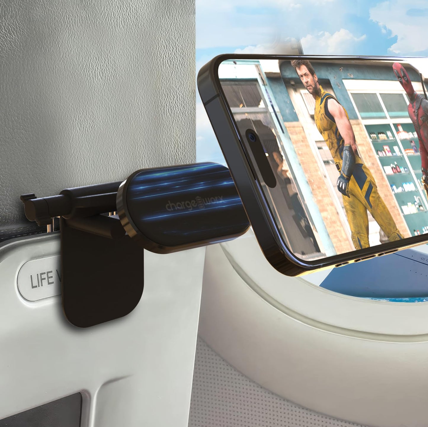 CHARGEWORX in-Flight Magnetic Phone & Tablet Mount for Airplanes, MagSafe-Compatible Travel Phone Holder for Tray Tables, 360° Rotating & 90° Pivoting Airplane Phone Stand with Travel Pouch