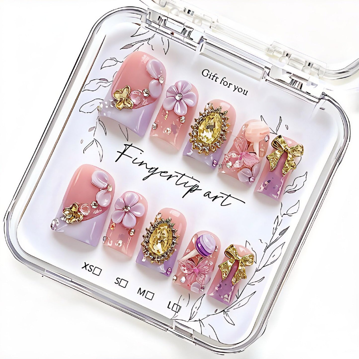 Handmade Acrylic Press on Nails Short Duck Nails Press on Thick French Tip with 3D Design Reusable Glossy Fake Nails Cute Nail Art DIY for Women 10pcs (Size M）