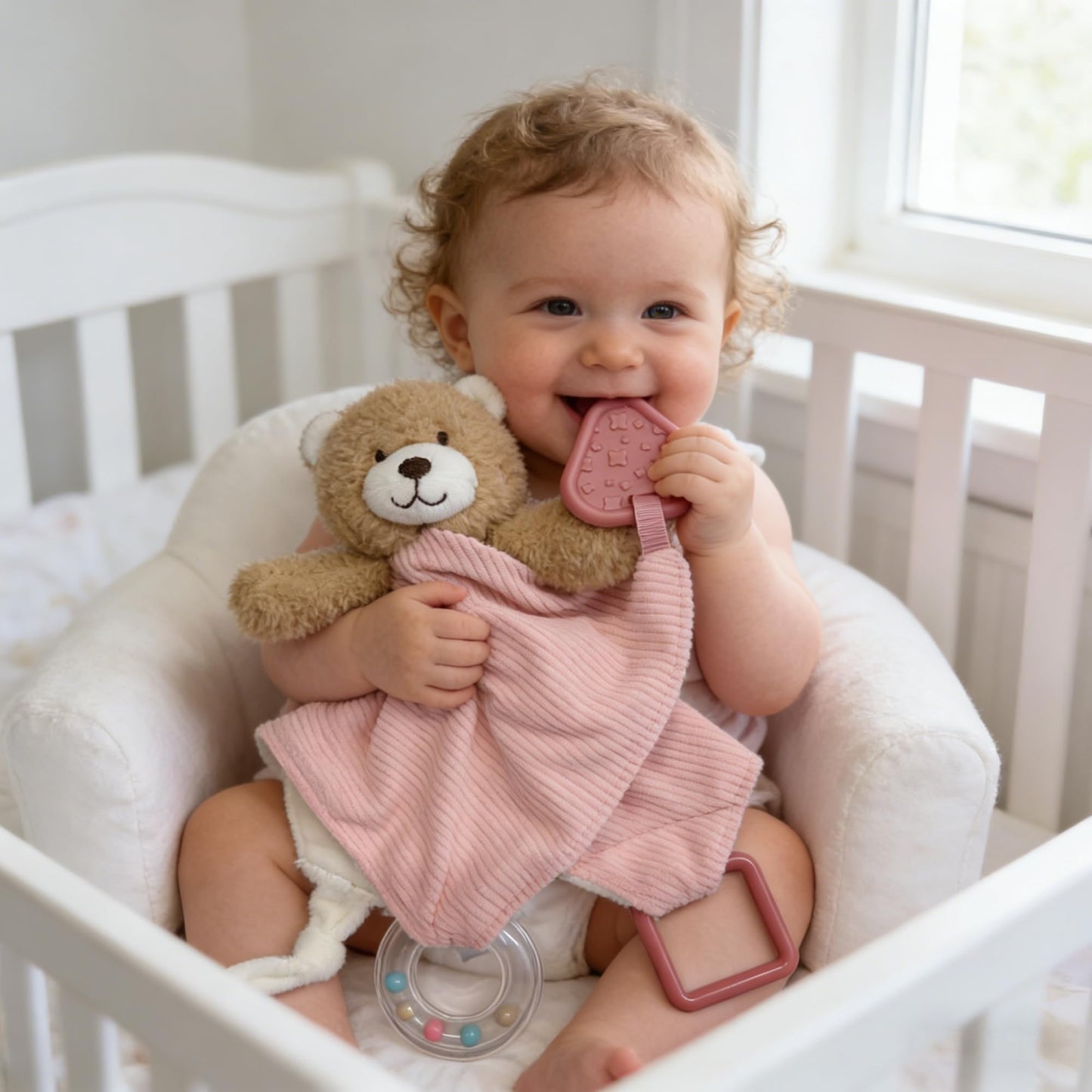 CREVENT 3-in-1 Baby Lovey Blanket with Teether & Rattle | Plush Chewable Animal Head Security Blanket, Birthday Gift - Pink Bear