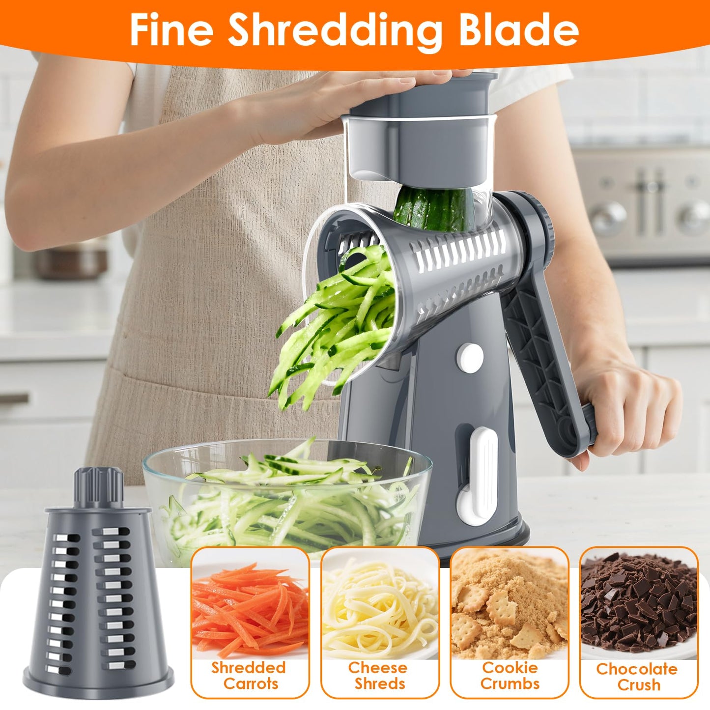 MealHelper 5 Blade Rotary Cheese Grater Hand Crank with Storage Box, Vegetable Chopper, Cheese Shredder for Cheeses, Veggies, Nuts - Easy to Use, Non-slip Suction Base, Gray