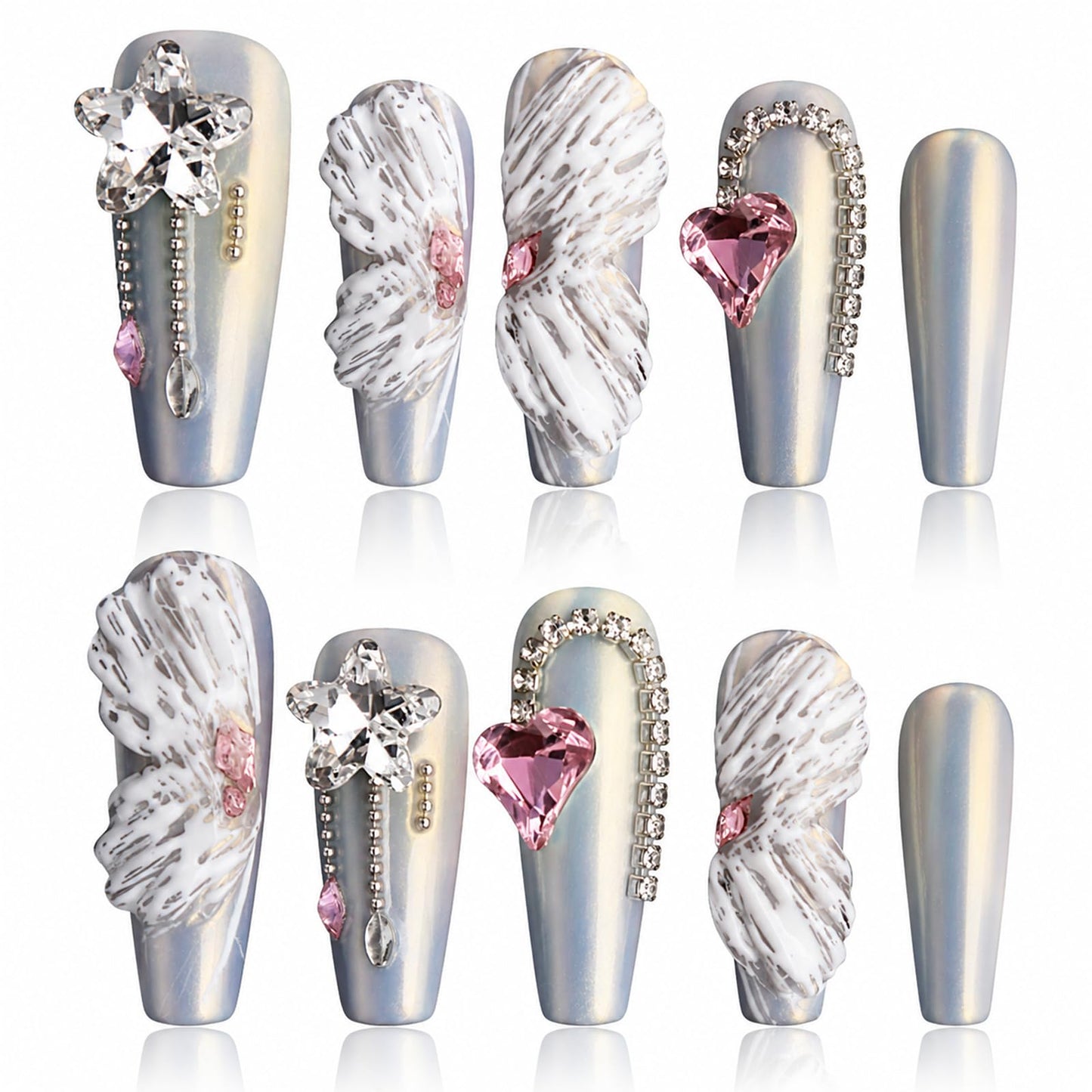 Handmade Nails, Coffin White Nails, 3D Artificial Rhinestone Press On Nails, Luxury Press On Nails, Gifts For Women, COOLYOUNG 10 PCS, Size L
