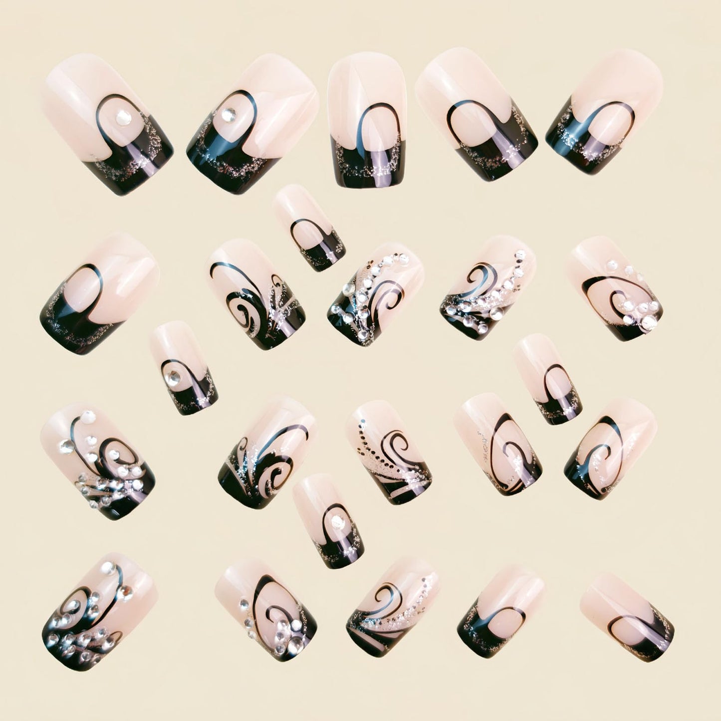 Square Press on Nails Medium Fake Nails with Black Lines Rhinestones Designs Glossy Nails Press ons Nude Glue on Nails Acrylic Nails Artificial Stick on Nails for Women 24Pcs