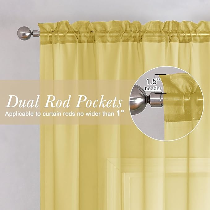 Lecloud Yellow Sheer Curtains 54 Inch Length 2 Panels, Light Filtering Voile Curtain Drapes for Kitchen Bedroom Small Windows, Dual Rod Pocket Living Room Elegant Decor Curtains, 40 W x 54 L Inches