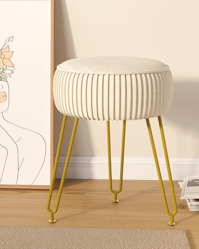 IBUYKE Velvet Round Footrest Stool Ottoman, Makeup Vanity Stool Side Table, Velvet Dressing Table Seat, Pouf Couch Stool, Golden Steel Legs, Creamy-White LG-30M