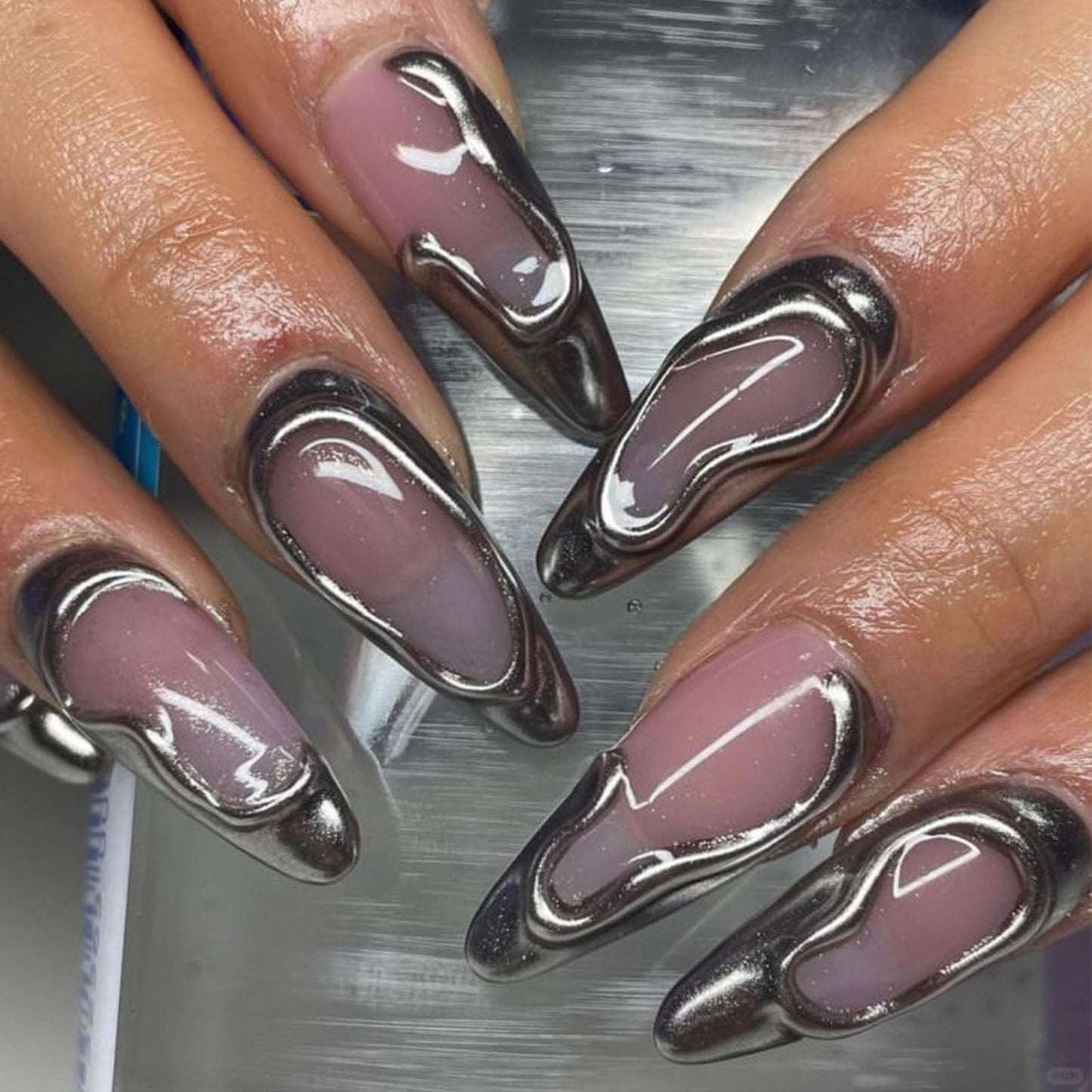 IMRAIN Silver Press on Nails Medium Almond Fake Nails 3D French Tips False Nails Full Cover Glossy Glue on Nails for Women Girl 24Pcs