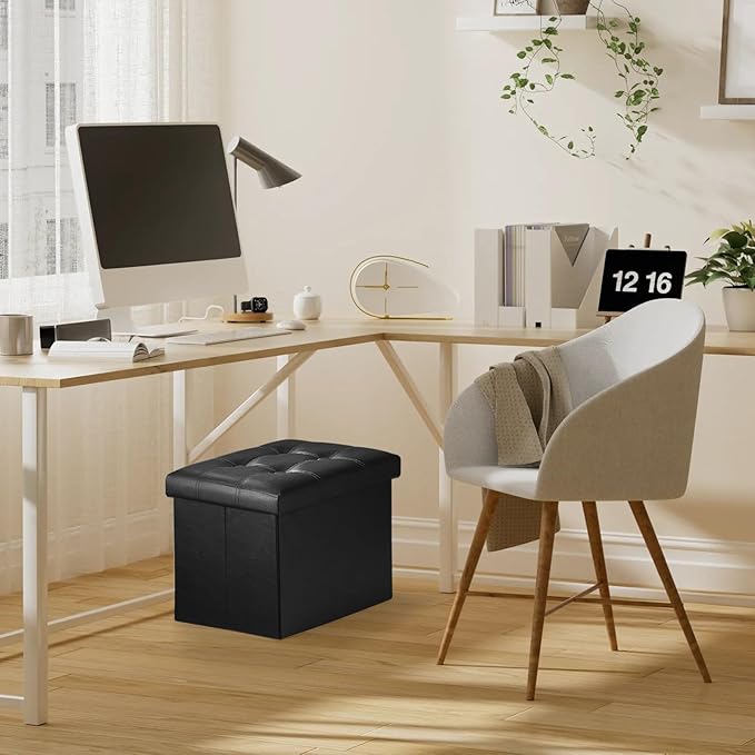 Storage Ottoman, Folding Foot Stool with Thicker Foam Padded Seat Small Leather Storage Ottoman Bench Foot Rest for Living Room Foldable Coffee Table 17x13x13in,Black