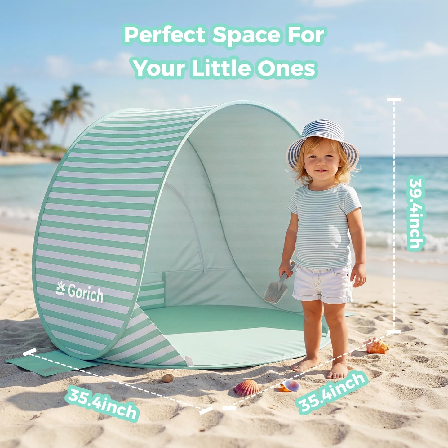 Gorich Pop Up Baby Beach Tent with UPF50+ UV Protection, Portable Toddler Sun Shelter with Mesh Ventilation, Lightweight & Foldable Play Shade Tent for Beach, Park & Backyard