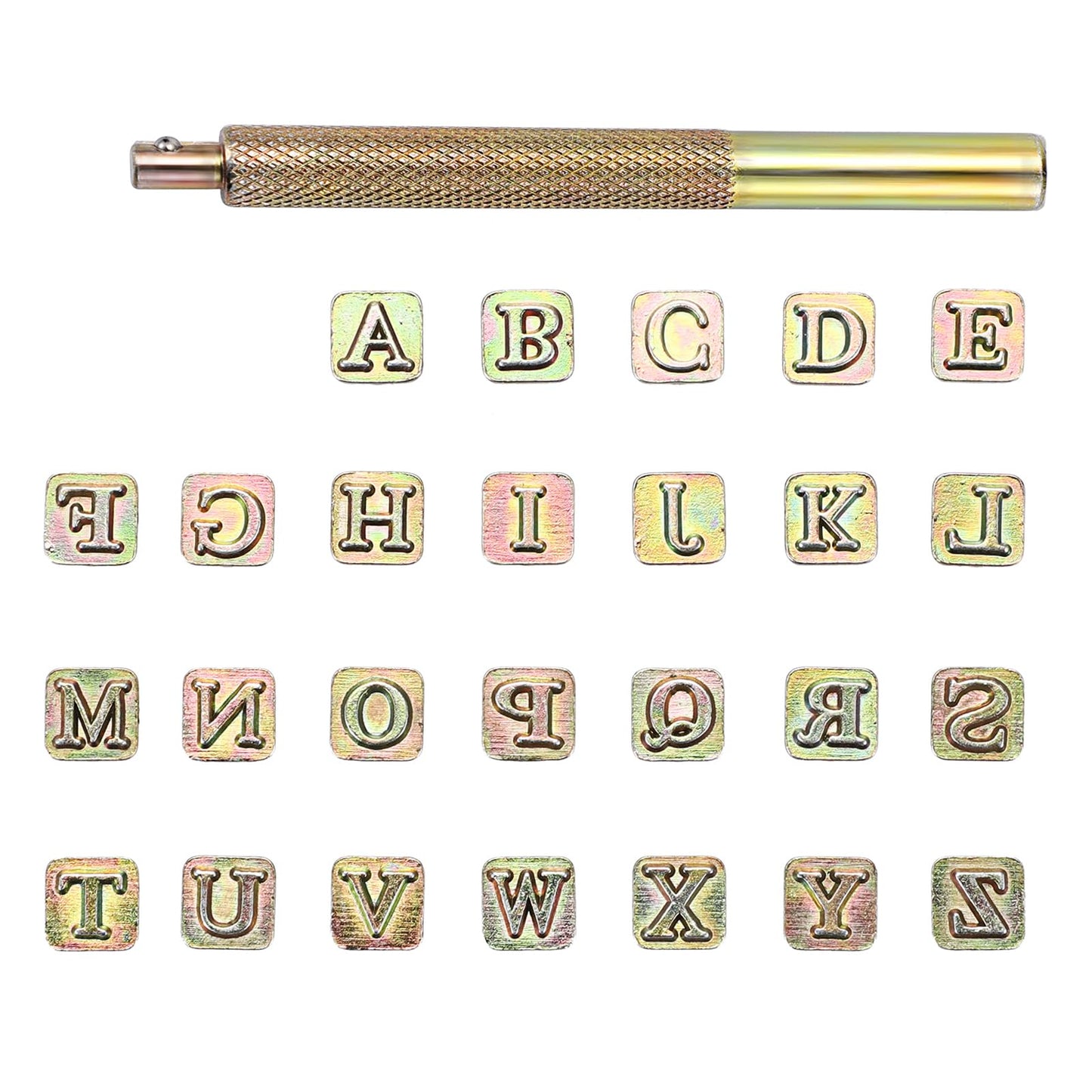 OwnMy 27PCS Leather Stamping Tools Kit Includes 26PCS 8mm Capital Letters Alphabet Stamps and 1 Steel Punch Handle, Metal Leathercarft Embossing Stamp Tools for Leather Art Crafts Marking/Working