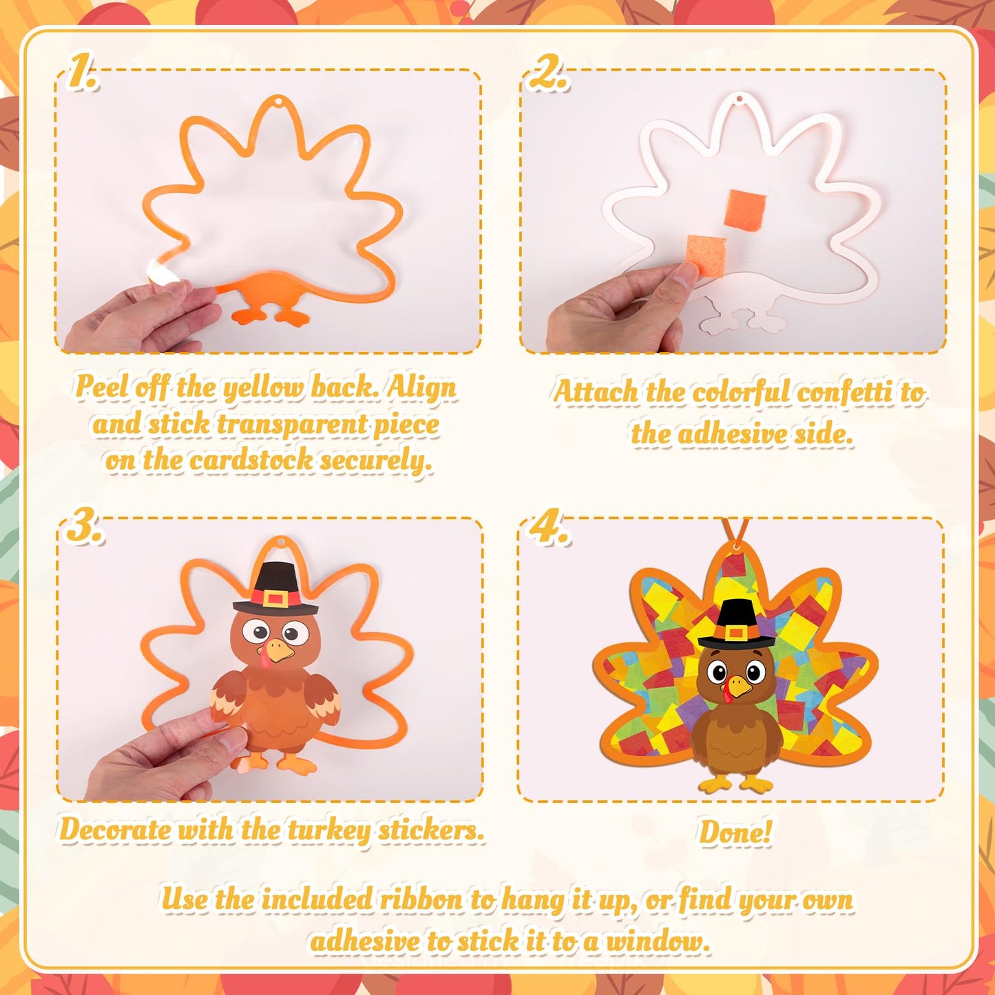 Renbuzhu 36PCS Thanksgiving Crafts Bulk: Turkey Paper Suncatchers DIY Kit for Fall Activities Decorations, Window Stained Glass Effect Art Supplies