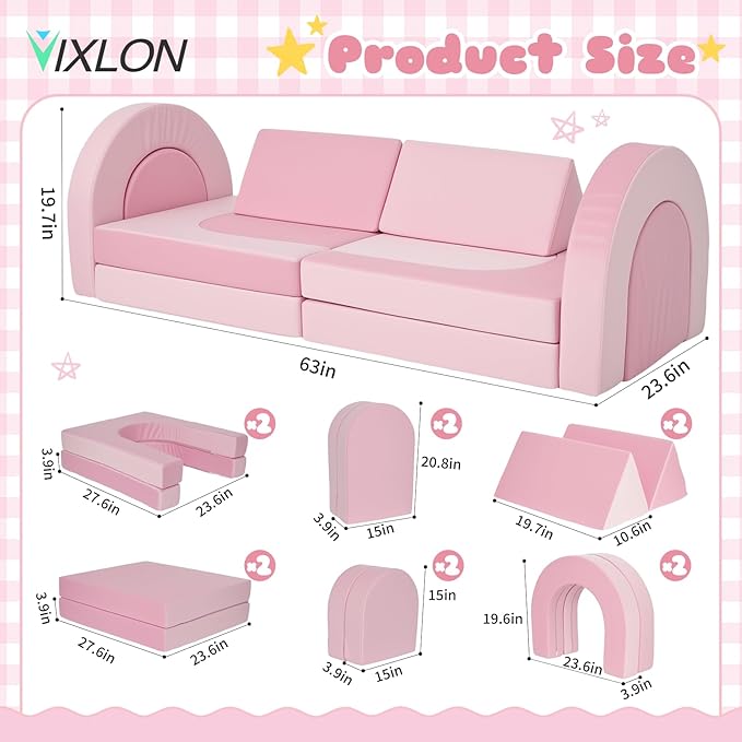 12 Pcs Modular Kids Play Couch, Toddler Couches That Fold Out, Plush Foam Chair for Children’s Playroom, Velvet Fabric Convertible Foam and Floor Cushion for Boys and Girls (Pink,07)