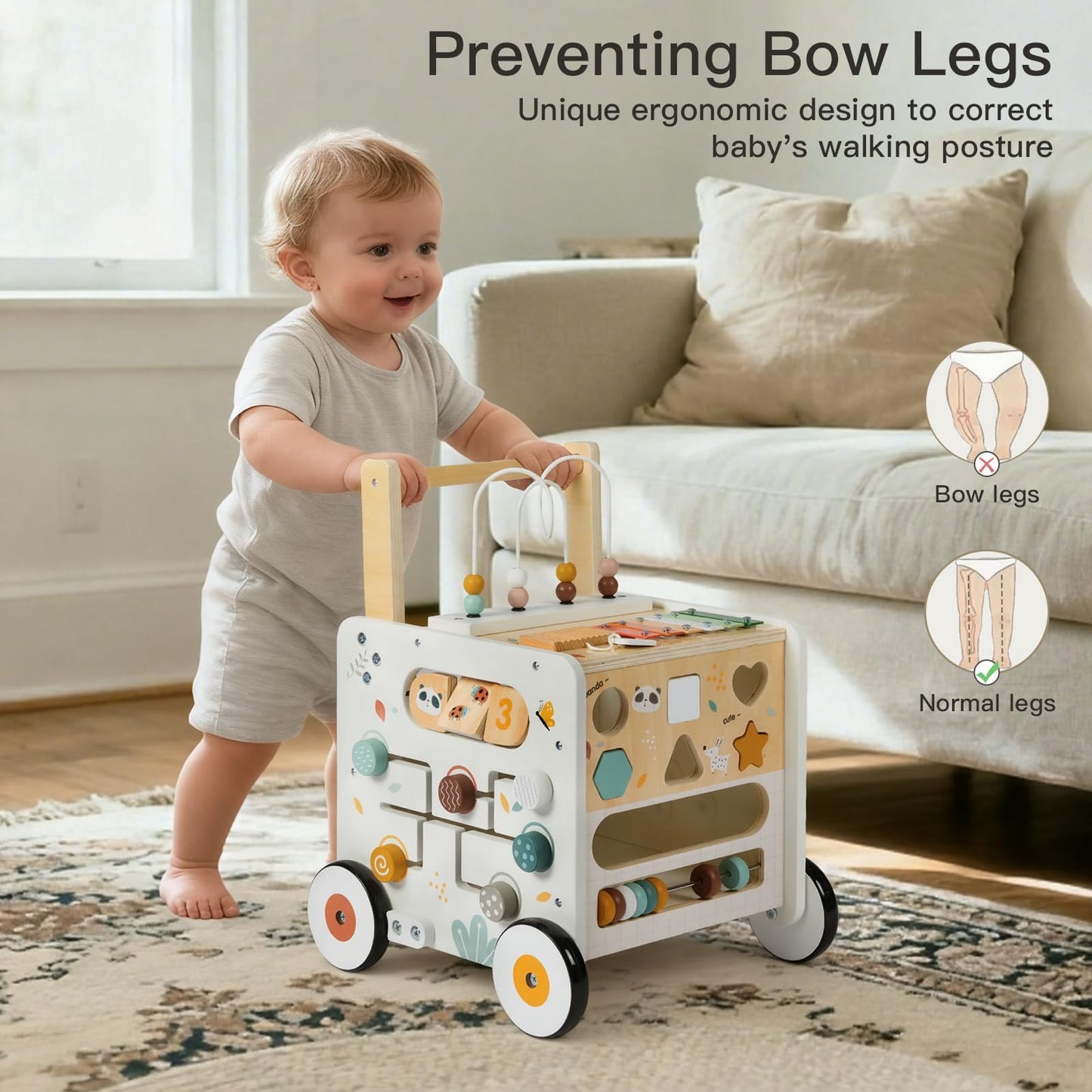 PTINFLUCE Wooden Baby Walker, Activity Cube Push Walker for Boys and Girls, Toddler Montessori Learning to Walk Toy with Adjustable Speed