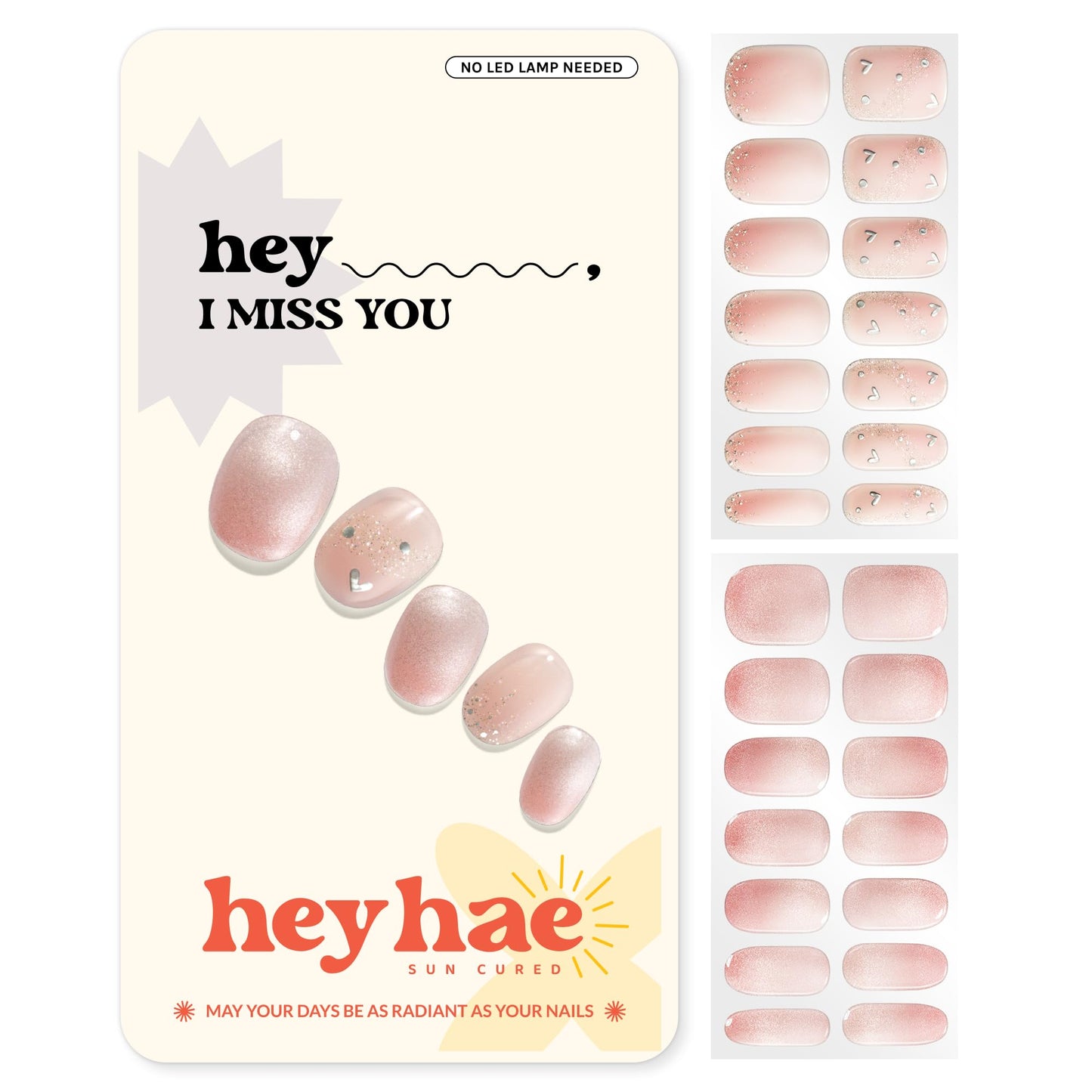 Heyhae Semi Cured Gel Nail Strips | No LED Lamp Needed | Glitter, Pink, Spring | Easy Apply & Remove, Salon Quality | Includes 28 Strips, 1 Prep Pads, Nail File & Wooden stick - Hey, I Miss You