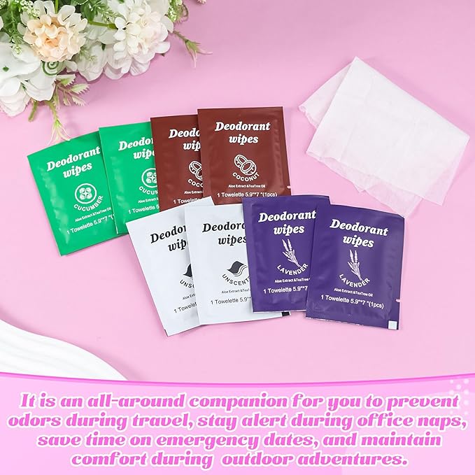 Travel Deodorant Wipes Individually Wrapped,Body Wipes to Clean Skin for Women Men（Lavender,Unscented, Coconut Cucumber,pack of 100)