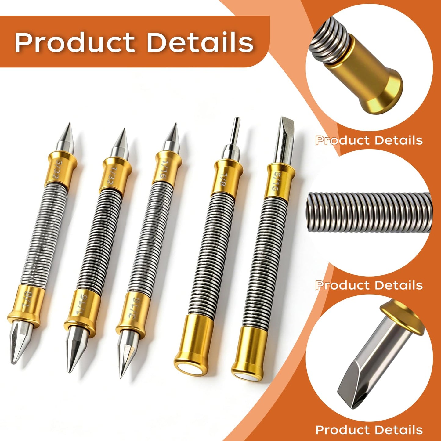 5 Pcs Nail Setter Punch Set, Dual Head Spring Nail Set & Center Punch Tool, Hinge Pin Removing Punch (1/8"), Cold Chisel (5/16"), Nail Setter Sizes 1/32", 1/16", 3/32", 1/8", Center Punch 1/8", 3/16"