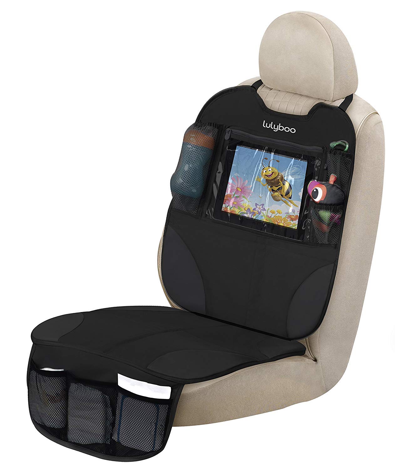 Lulyboo Car Seat Protector & Organizer for Baby & Toddler - Back Seat Storage, Kick Mat with Tablet Holder, Toys & Essentials, Fits All Vehicles, Durable Nylon, Black