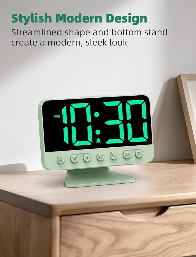 Odokee Digital Alarm Clocks for Bedrooms with Large Bold Number | Electric Desk Clock with Night Light & Brightness Dimmer - Loud Alarm for Heavy Sleepers with Adjustable Volume - Sage Green