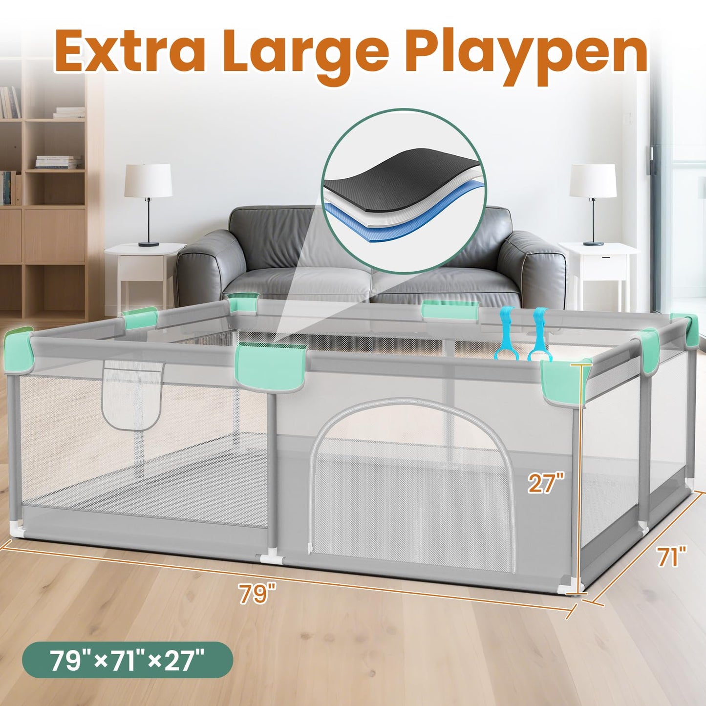 79” x 71” Playpen for Babies and Toddlers - Safe Baby Fence with 50 PCS Ocean Balls and 2 Pull Handles for Indoor - Large Baby Playpen for Activity Center - Play Yard with Non-Slip Suction Cups