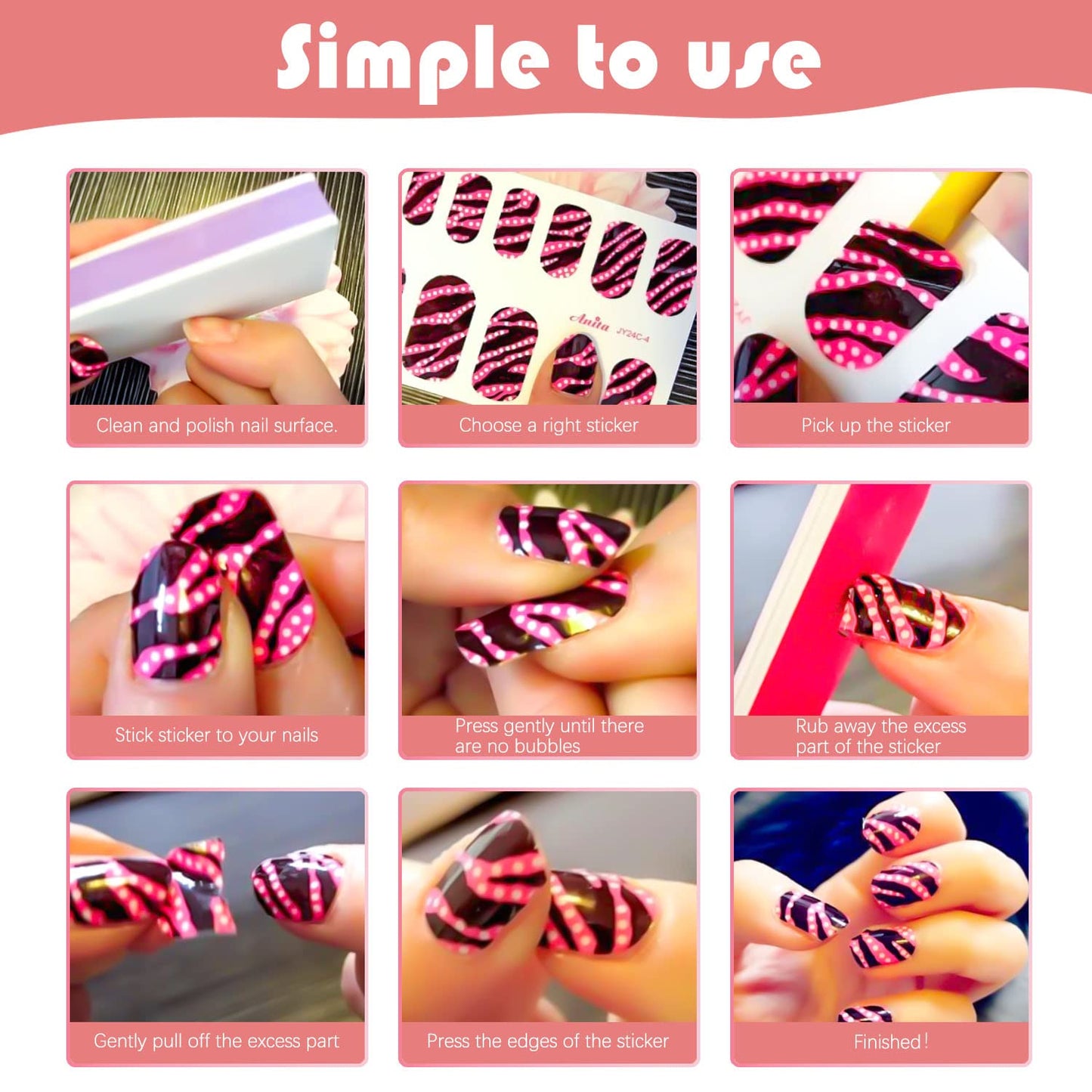 DANNEASY 24 Sheets Polish Stickers Full Wraps for Women Bright Candy Color Fingernails Self Adhesive Strips Gel Nail Strips With File, Cuticle Stick