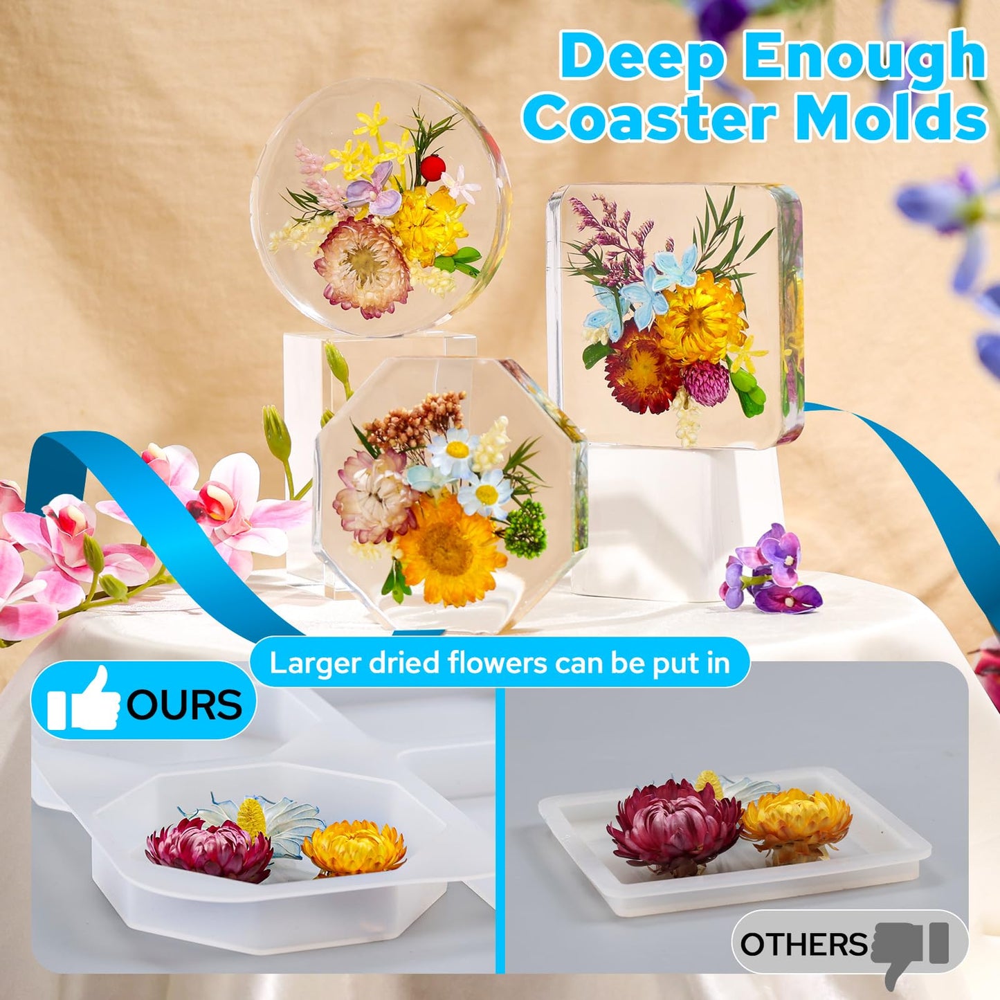 LET'S RESIN Extra Deep Coaster Resin Molds, 6 Cavity Round/Square/Octagon Shape Silicone Molds for Epoxy Resin, Flower Preservation, DIY Art Craft Cup Mats