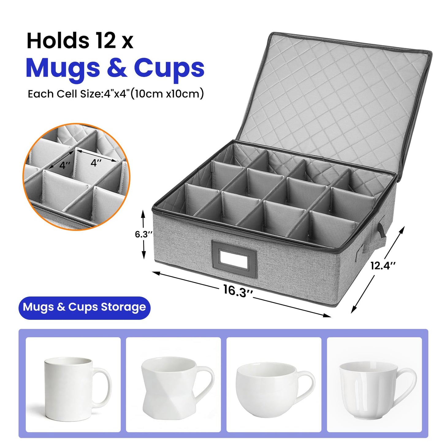 TMWANLT Mug Storage Box 2 Pack, Holds 24 Coffee Cup Stackable Holder Organizer Container with Dividers Lid Handle for Cabinet Dustproof Moving, Hard Shell, Packing Case Essentials for Organizing Gift