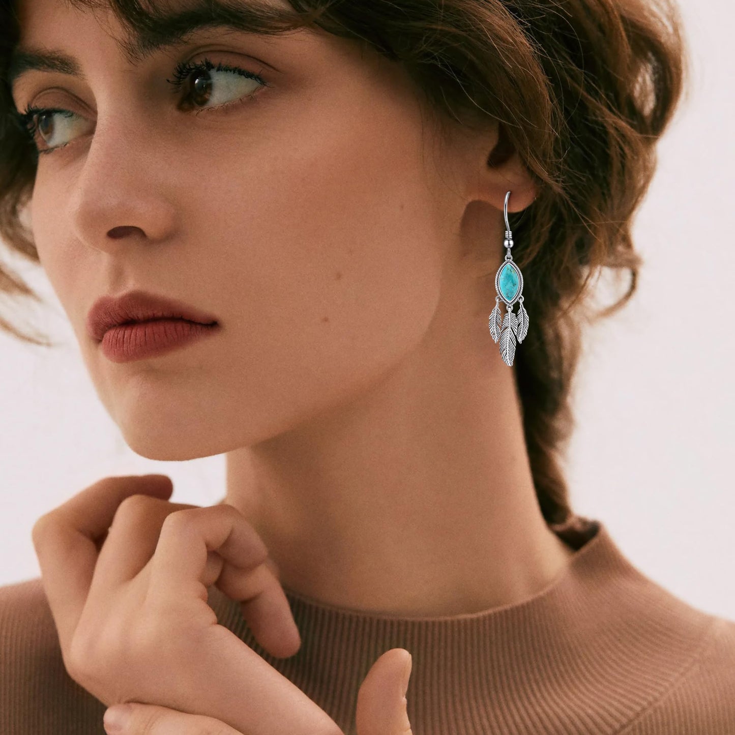 AVECON Turquoise Feather Dangle Earrings for Women 925 Sterling Silver Earring Vintage Turquoise Jewelry with Feather Boho Leaf statement Earrings Trendy Hook Earrings Western Jewelry for Her