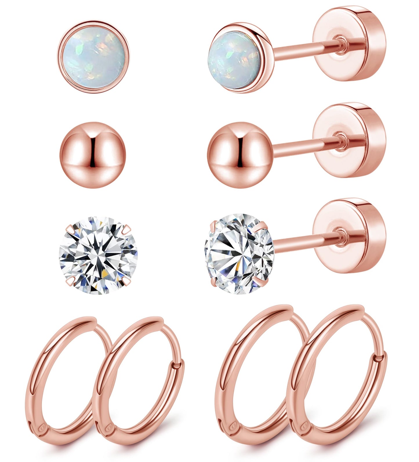 MJust Titanium Earrings for Sensitive Ears 20G Hypoallergenic Stud Hoop Earrings for Women Men Opal Ball CZ Heart Pearl Flat Back Earrings Cartilage Earrings Set