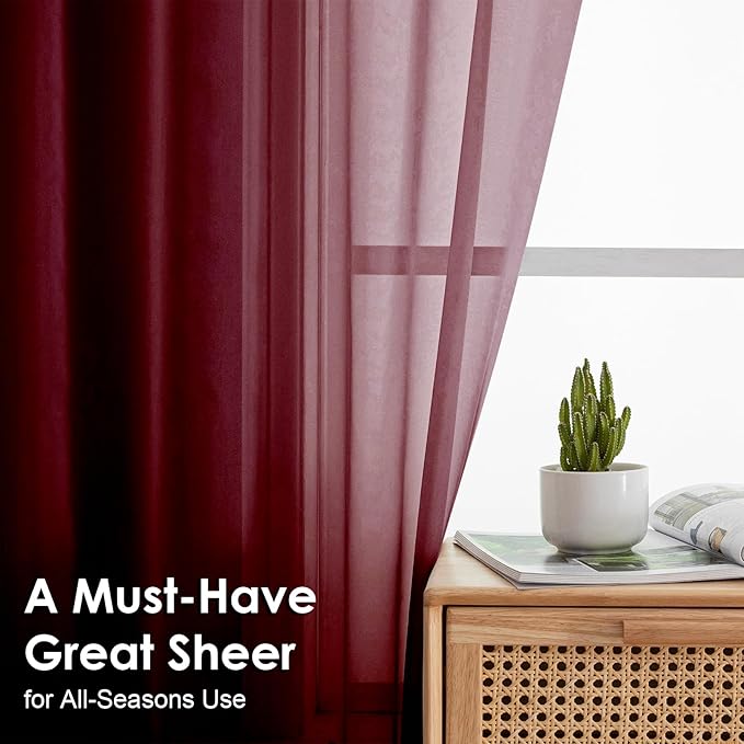 OVZME Burgundy Sheer Curtains - 96" Length 2 Panels Set for Living Room Bedroom, Christmas Gorgeous Window Decoration for Party & Backdrop & Canopy, Burgundy, Each 42Wx96L