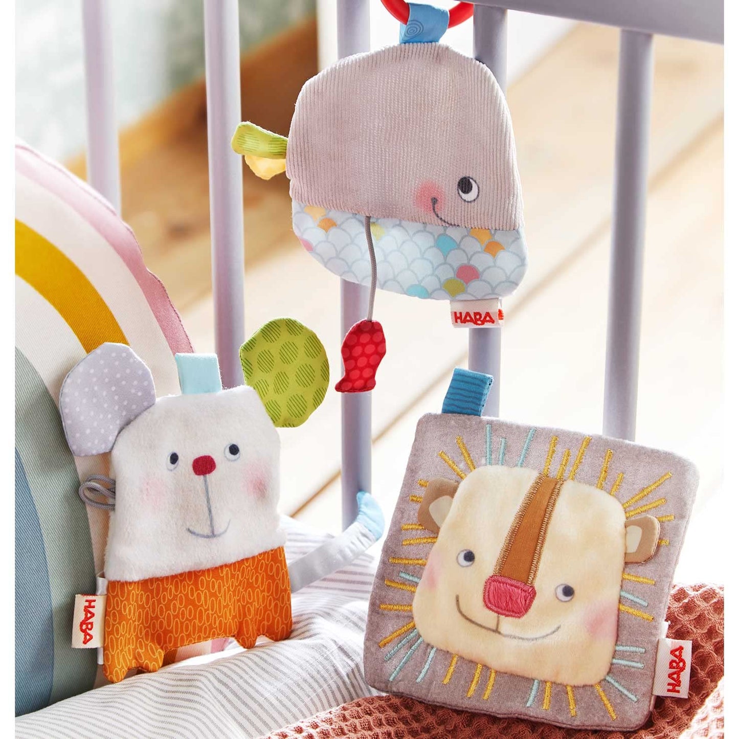 HABA Whale Lovey Crinkle Toy, Baby Soft Cloth and Baby Soother with Attached Red Fish for Sensory Play