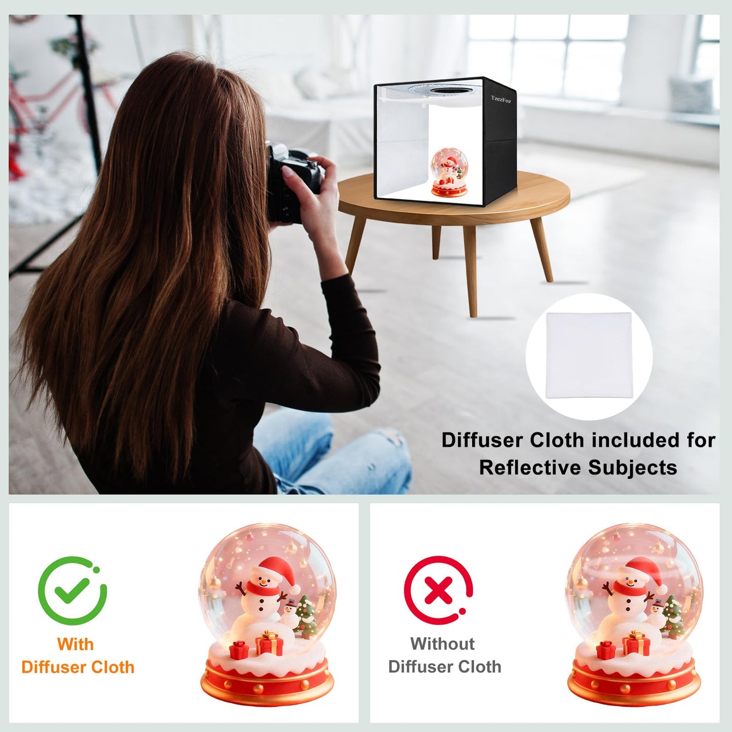 TzezFoz 12x12inch Portable Photo Studio Light Box,Folding Ring Light Box with 3 Modes & 6 Backdrops, Photography Light Tent USB Powered Lighting Tent for Jewelry/Accessories