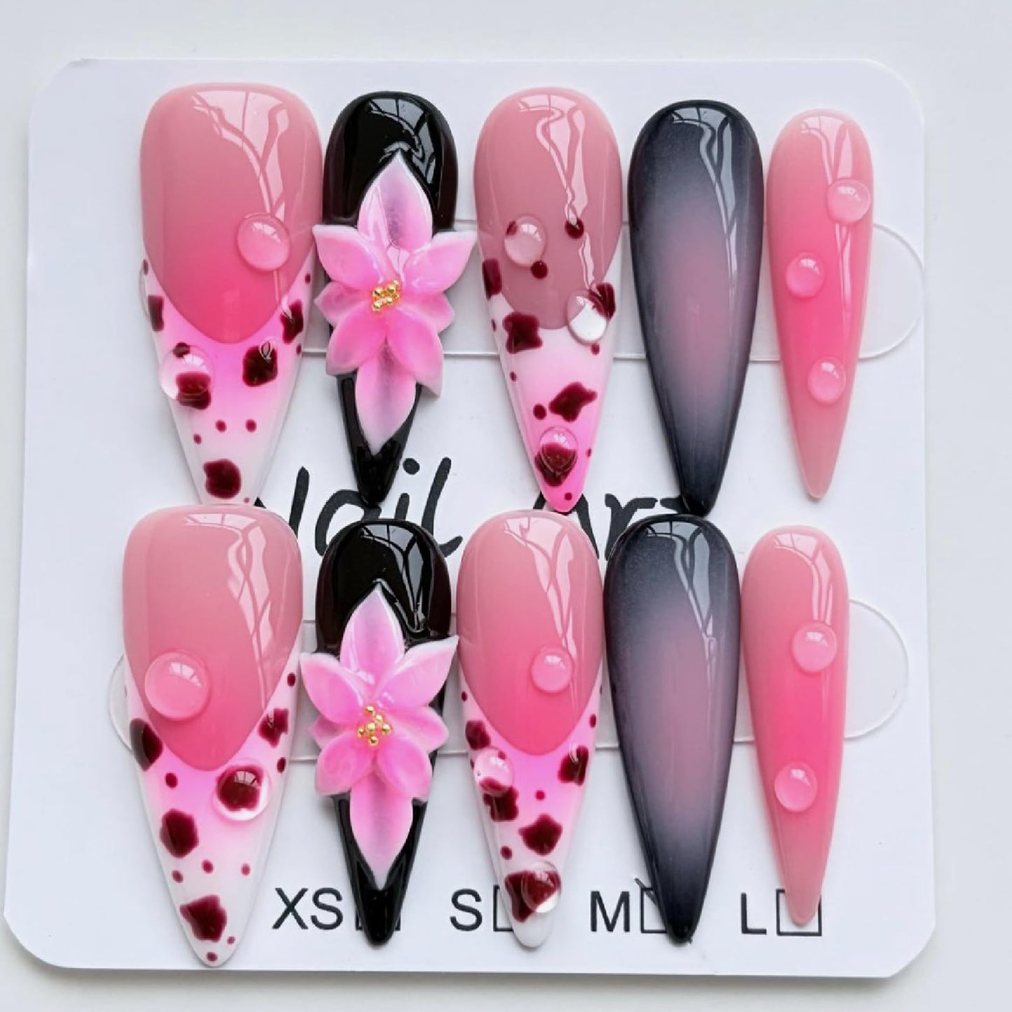 Threelegscat Handmade Press on Nails Long Almond Shape Fake Nails Stiletto Nail With Design for Women and Girls 10pcs Size M Pattern St1159