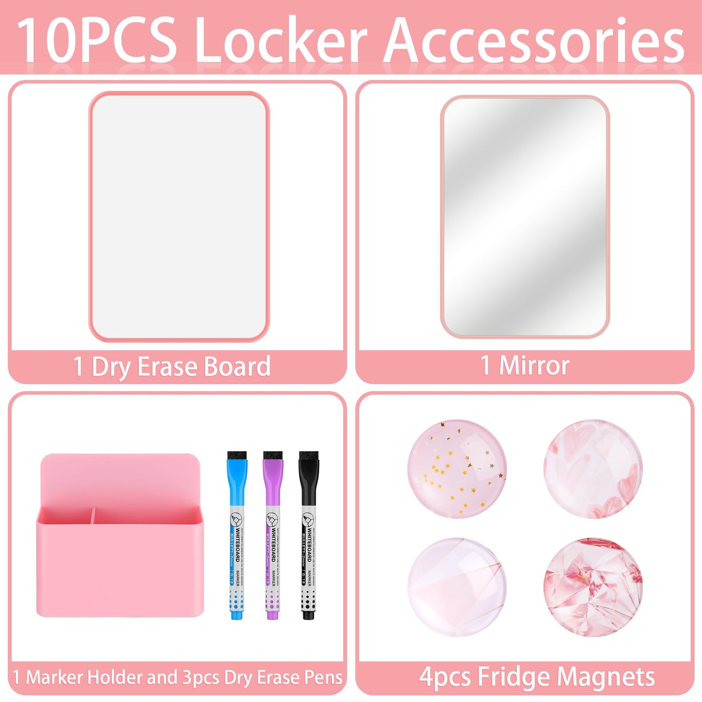 HAUTOCO Locker Accessories Kit, Back to School Essentials 10 Pieces Locker Organizer Supplies for School Work, Includes Whiteboard, Mirror, Magnetic Dry Erase Markers Holder and More, Pink