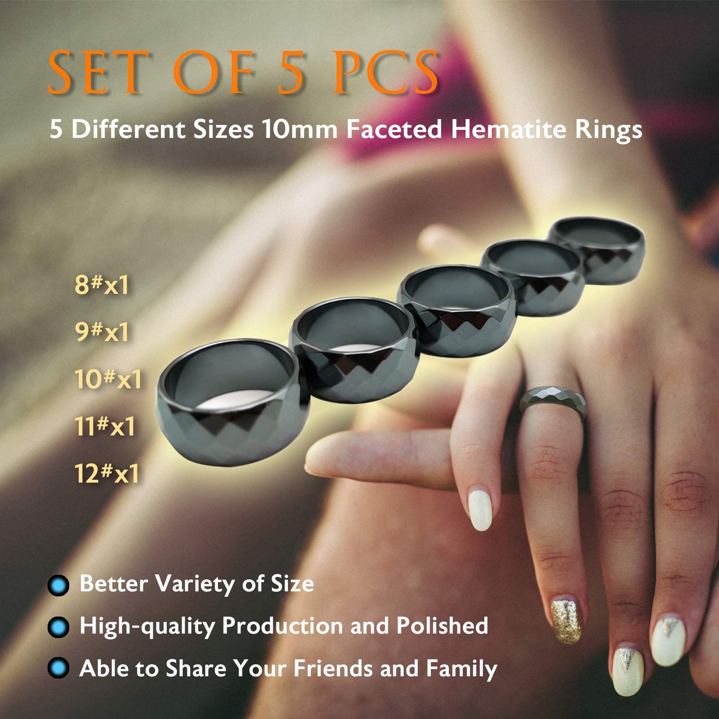 Morchic 5Pcs Pack Hematite Stone Rings for Women & Men, Unisex Faceted Set (10mm Width) - Mixed Sizes 8-12, Chakra Balancing, Polished Gemstone, Gift Ready
