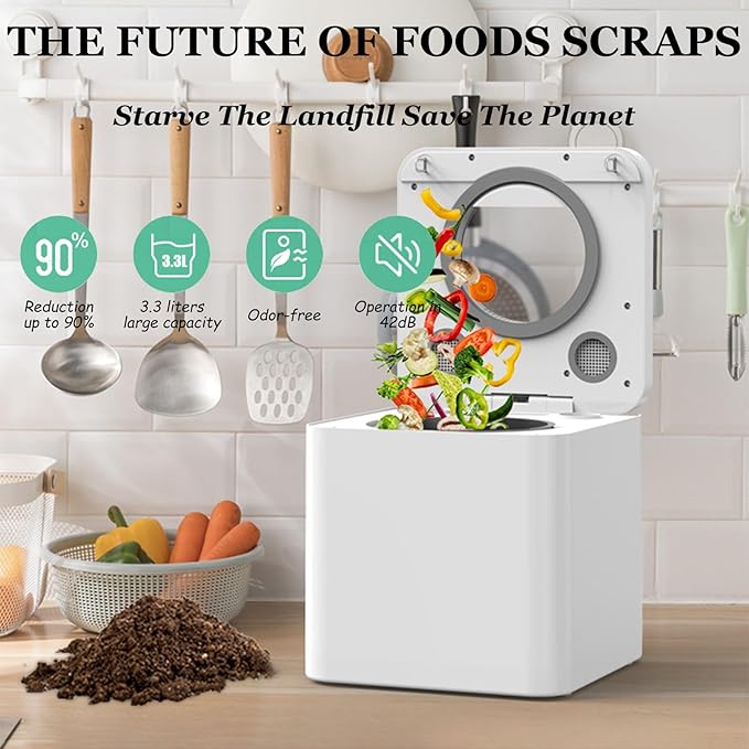 Odorless Countertop Smart Compost Bin, Turns Waste into Dry Fertilizer, Compost Bin for Indoor, Electric Composter for Kitchen,110V