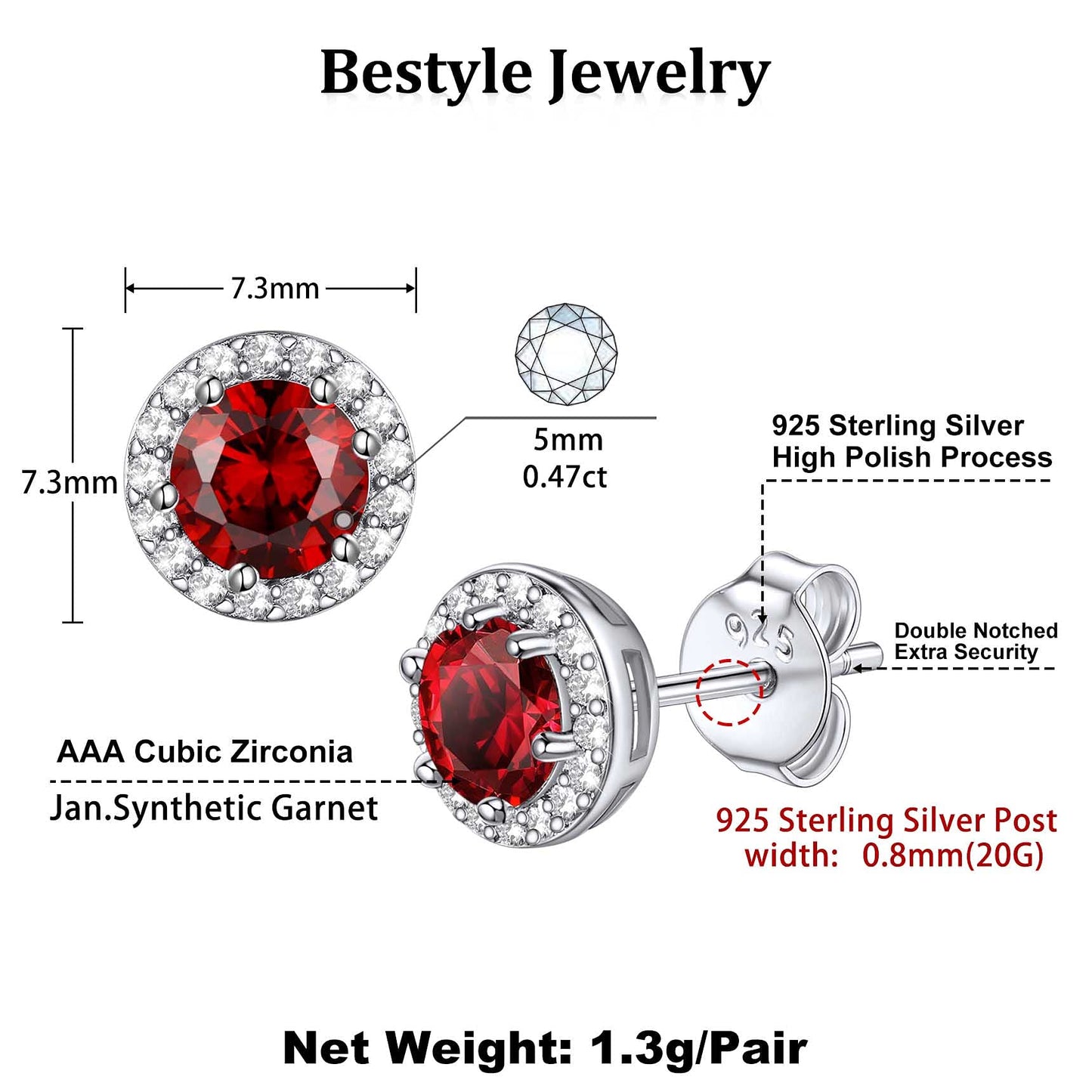 Bestyle 925 Sterling Silver Created Diamond Earrings Round Studs for Women, 5mm January Granet Birthstone Gem Earrings Illuminated by 1mm White Cubic Zirconia