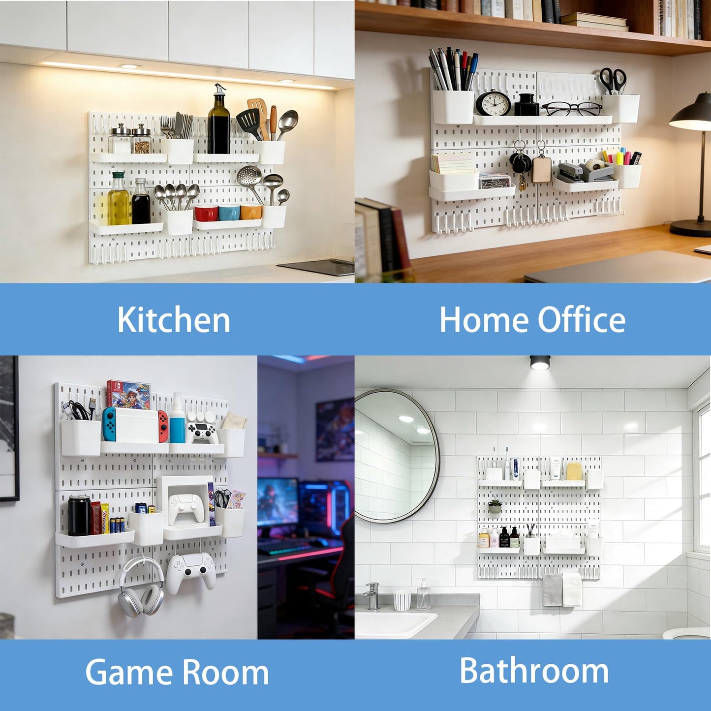 bizxdev Pegboard Wall Organizer Combination Kit,4 Pegboards with 48 Accessories For Kitchen, Bedroom, Bathroom, Game, and Office Storage. Nail-Free Installation（White 22” x 22”）