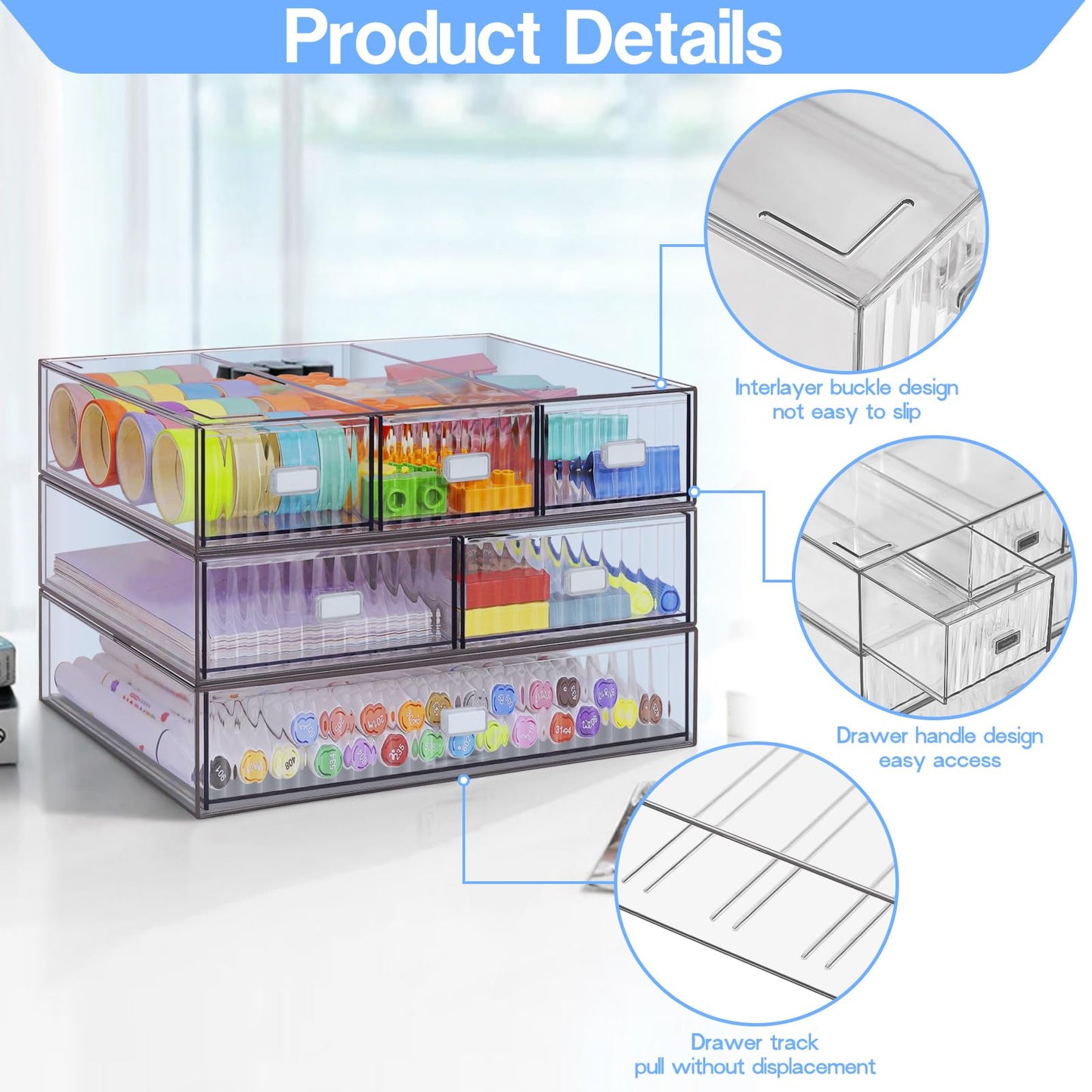 3 Tier Stackable Desk Organizer with 6 Drawers, YOCOMEY Plastic Desktop Storage Box Drawers, Detachable Makeup Storage Office Stationery Supplies Organizer for Office School(Clear)