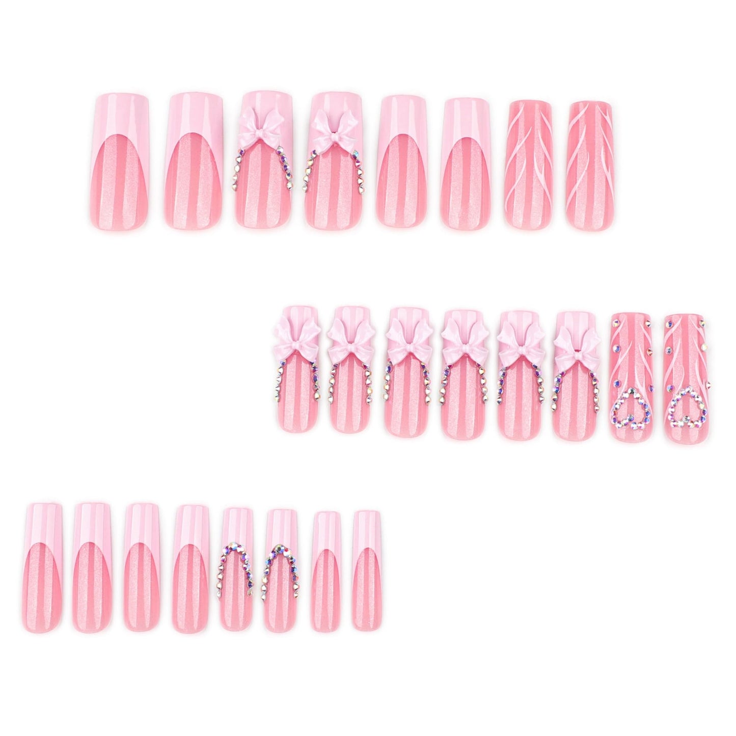Long Press on Nails Square Fake Nails Pink Artificial Nail Seeneey Rhinestones Love Designs Bow Cute Stick on Nail for Women 24pcs