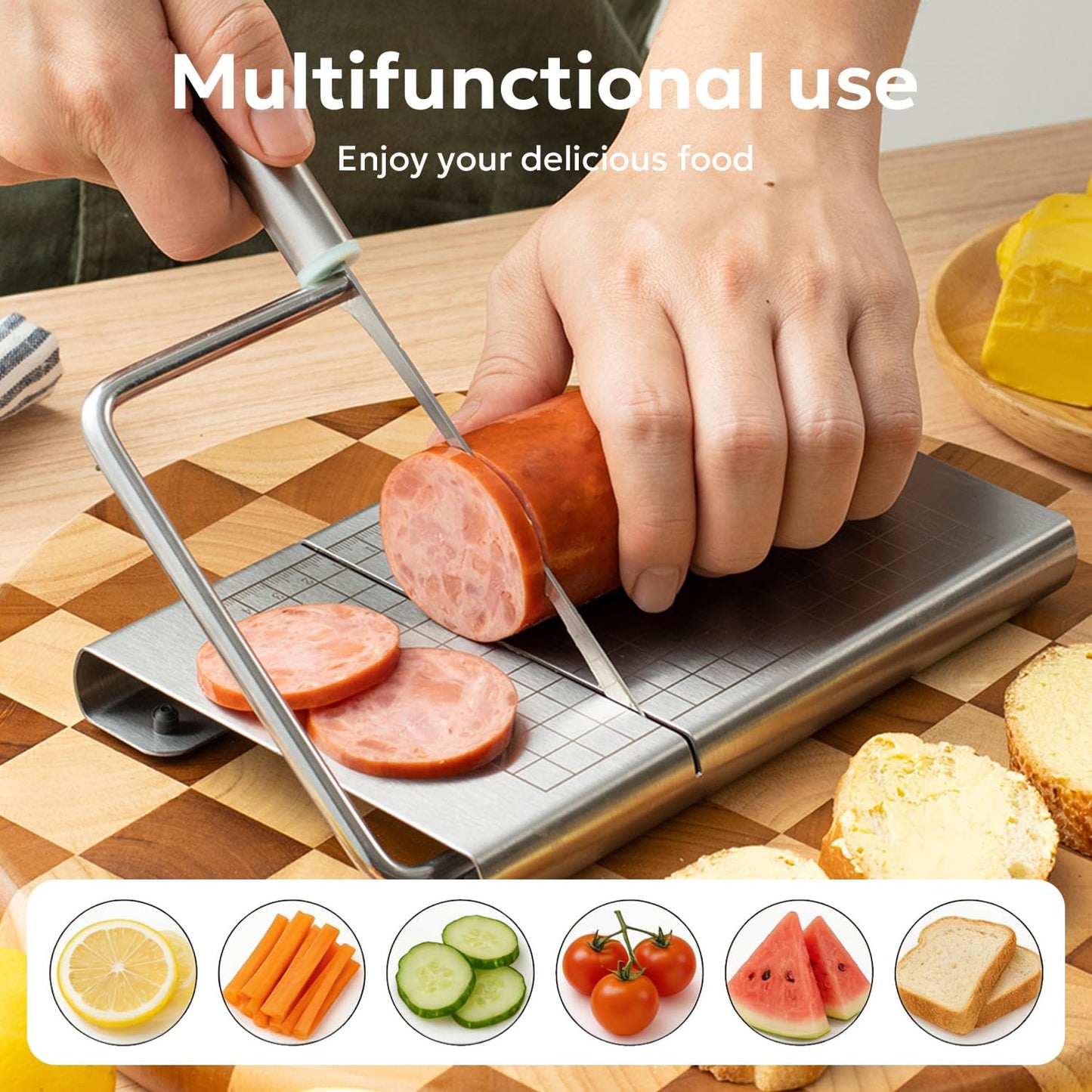 Multipurpose Stainless Steel Cheese Cutter, Bread Slicers with Precision Grid Scale and Anti Slip Base for Block Cheese, Butter, Bread, Sausages, Fruits, Kitchen Gadget Cheese Cutting Board