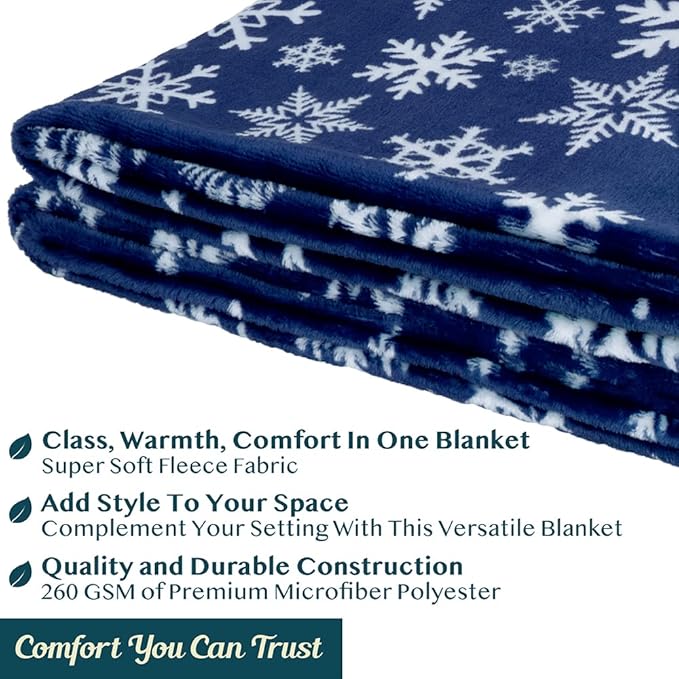 PAVILIA Christmas Throw Blanket | Navy Snowflake Christmas Fleece Blanket | Soft, Plush, Warm Winter Cabin Throw, 50x60 (Navy/White Snowflake)