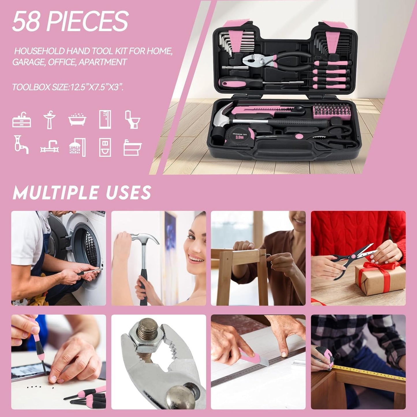 MARTCOLOR 58 Piece Household Tool Set, General Household Hand Tool Kit with Plastic Toolbox Storage Case, All Purpose Household Tool Kit for Women, Girls and Ladies, Pink