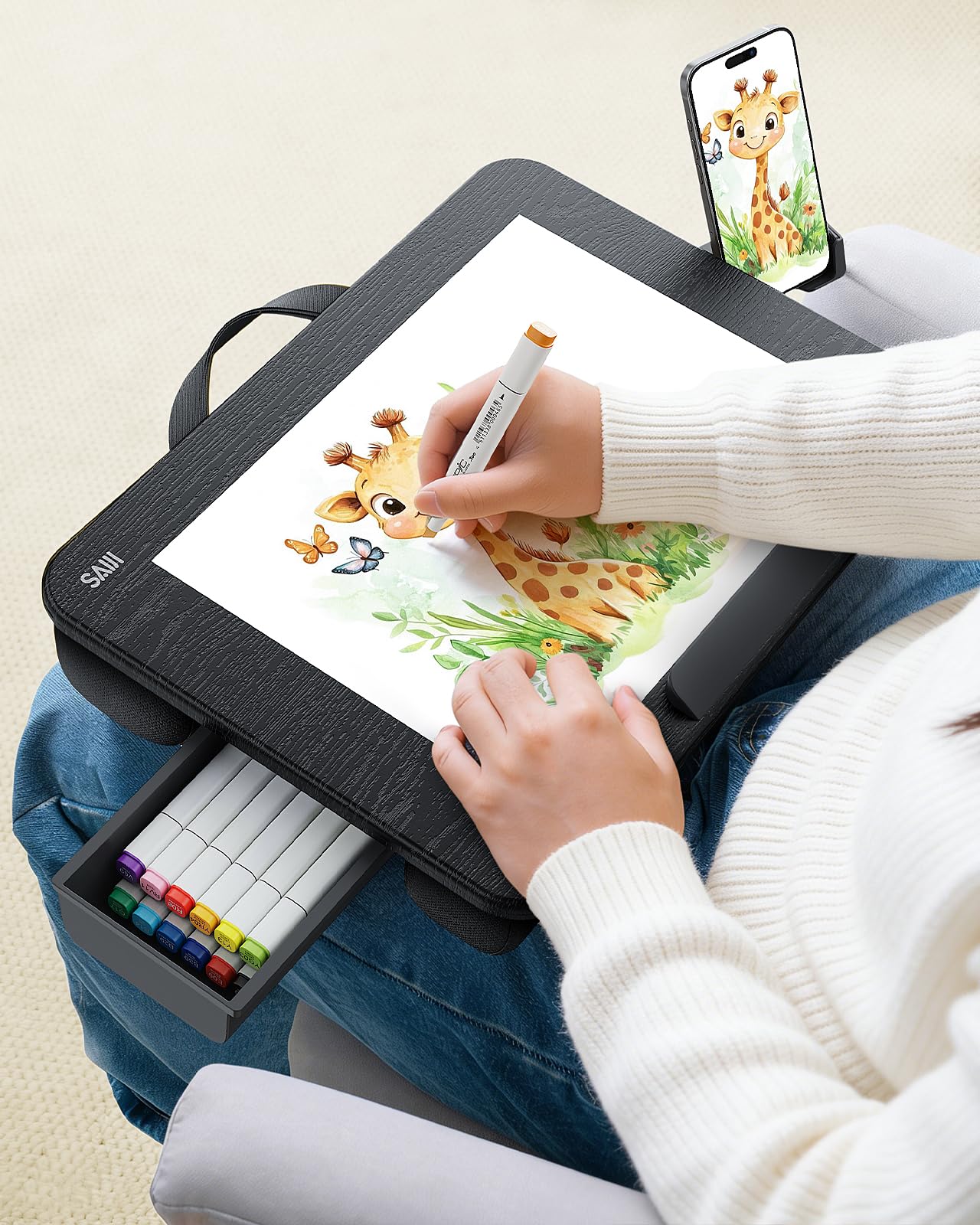 SAIJI Laptop Lap Desk, Portable Laptops Tray with Cushion, Drawer Storage, Phone Holder, 12mm Thickened Panel,Carry Handle, Computer Laptop Stand for Bed Fits Up to 15.6 Inch Laptops