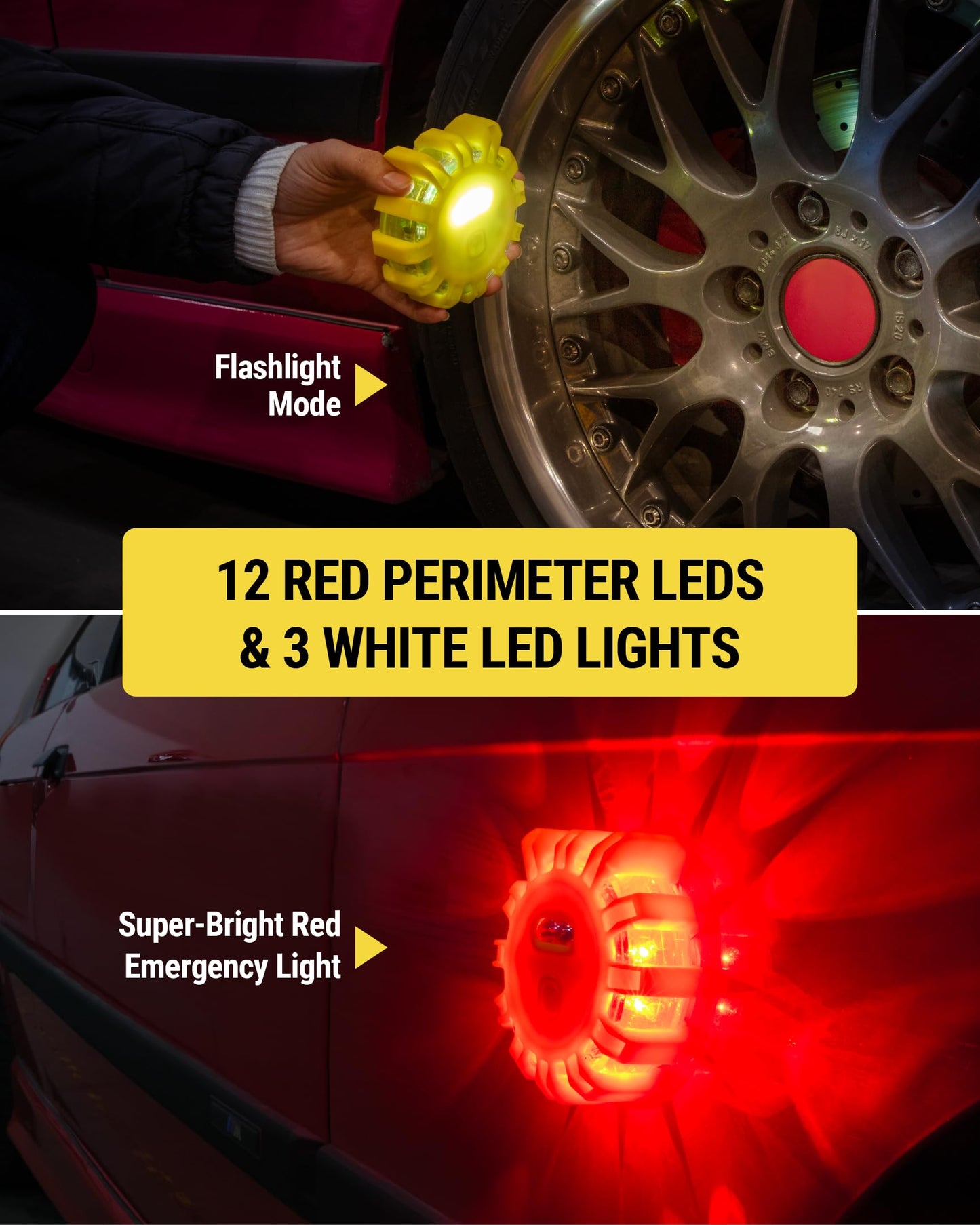Scosche ScoFlare LED Road Flares, Emergency Roadside Kit for Car with 2 Emergency Lights Equipped with 6 Flashing Safety Modes, Flashlight, Rechargeable Battery, Magnetic Base and Hanging Hook, 2 Pack