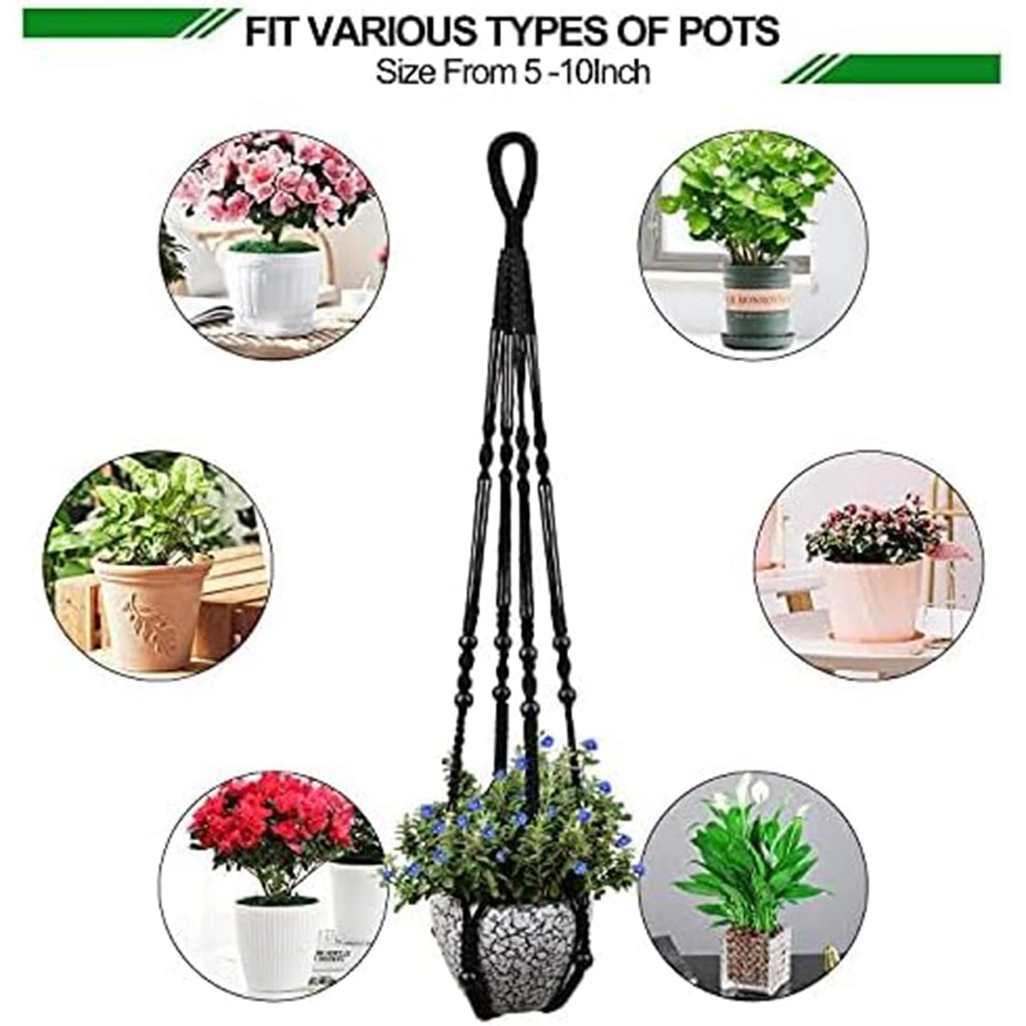 AKEIE Macrame Plant Hanger 3 Pack Indoor & Outdoor Wall Hanging Planter + 3 Hooks Hanging Planters Basket Cotton Rope 35 Inch with Beaded and Non-Tassel Planter Durable(Black)