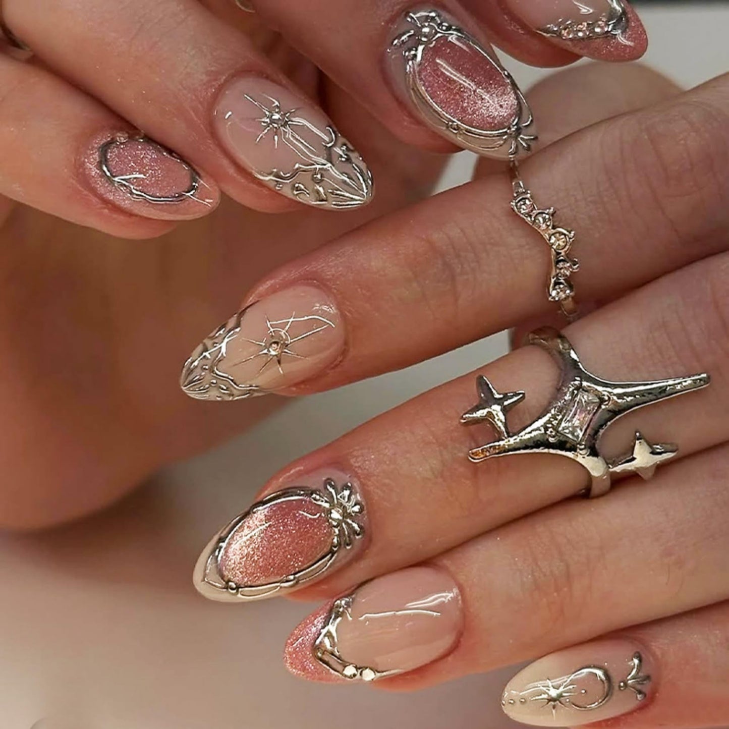 Almond Press on Nails Long Fake Nails Pink Acrylic Nail Press ons SEENEEY Silver Charm Designs Cat eye Stick on Nail for Women 24pcs