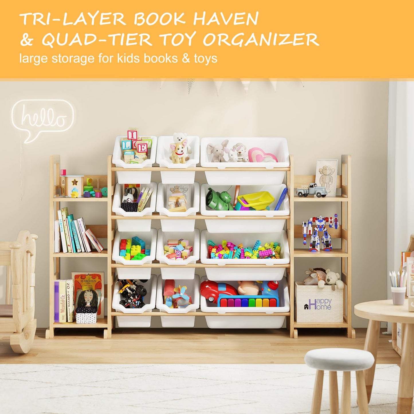EXPERLAM Extra Large Toy Storage - Toy Storage Organizer, Wooden Toy Organizer with 6 Side Shelves and 12 Bins, 3-in-1 Bookshelf for Kids Rooms, Playroom, Nursery, White