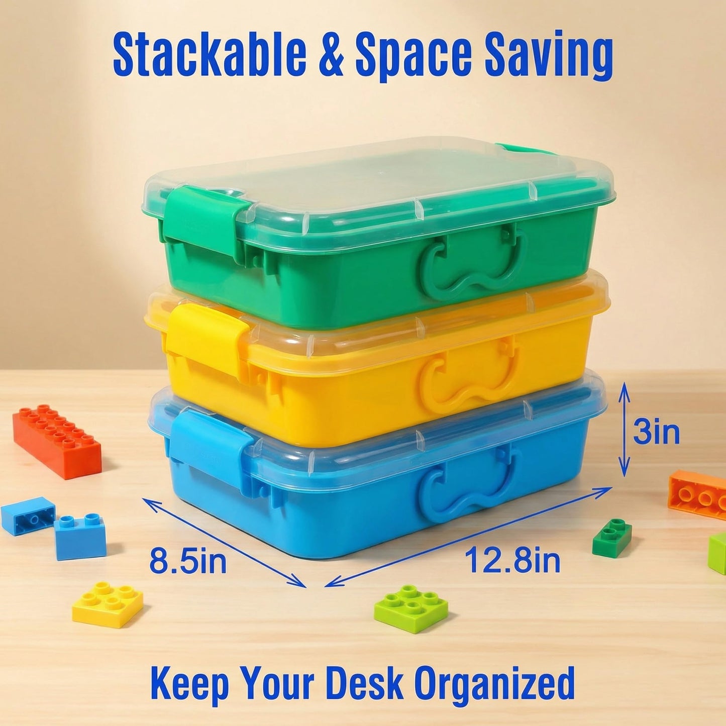 Carolart 3 Pack Storage Bins with Lids, 13.5 Inch Plastic Toy Organizer for Classroom, Small Stackable Containers for Sensory Sand, Art Supplies, Puzzles, Craft and Snacks